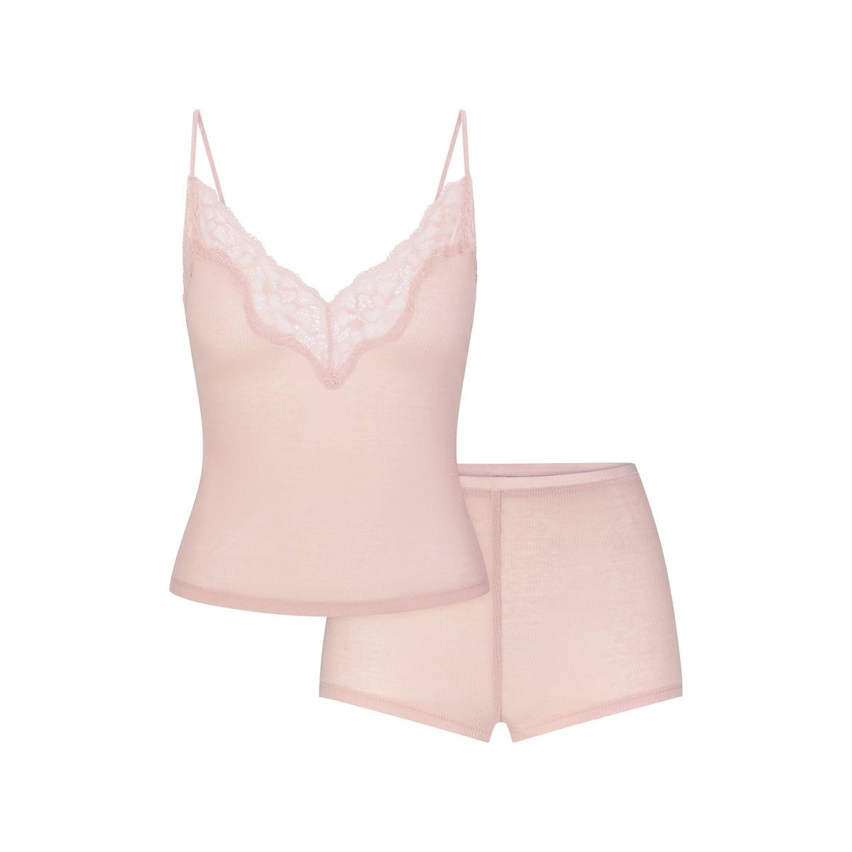 SHEER RIB LACE CAMI AND SHORT SET | MORGANITE