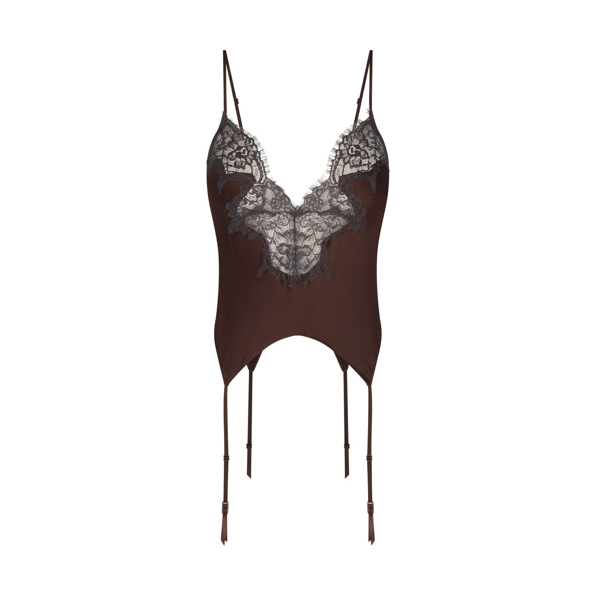 SILK LACE GARTER CAMI AND SHORT SET | ESPRESSO CONTRAST