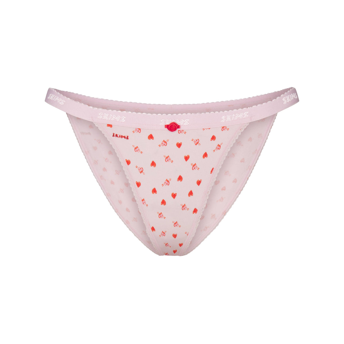 LIGHTWEIGHT COTTON LOGO PICOT STRING BIKINI | BABY PINK ARROWED HEARTS