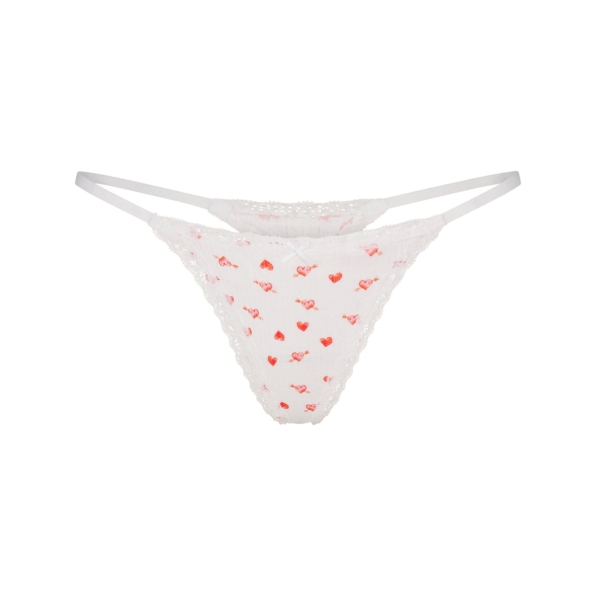 LIGHTWEIGHT COTTON POINTELLE LACE STRING THONG | SNOW ARROWED HEARTS