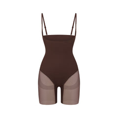 POWER MESH SHAPEWEAR CORE SCULPT OPEN BUST MID THIGH BODYSUIT | COCOA