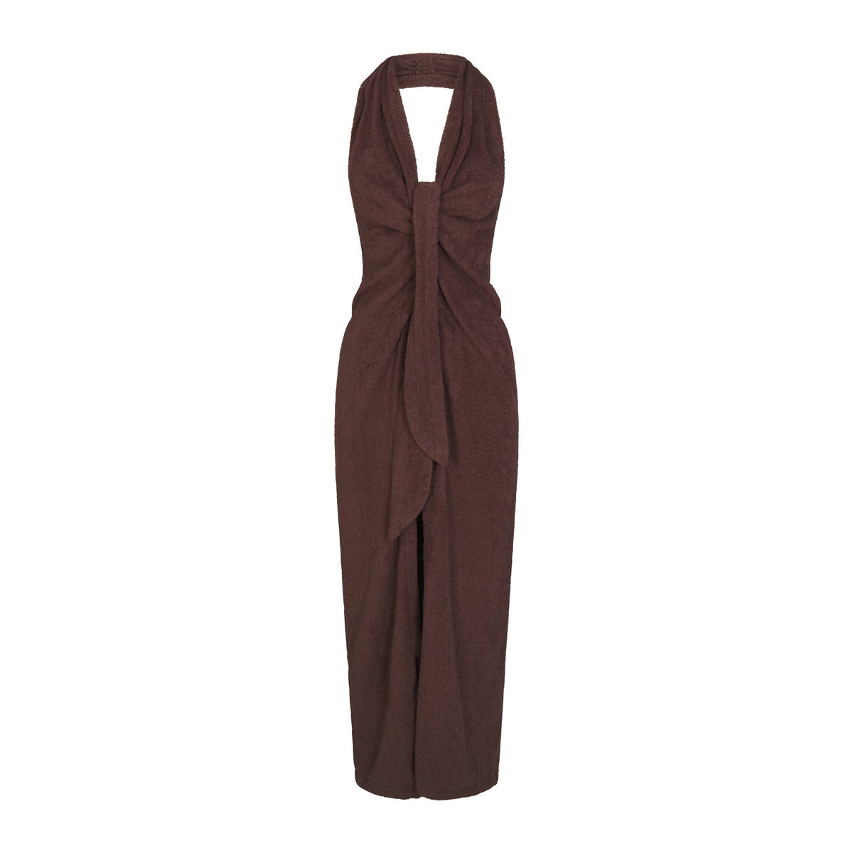 TERRY COVER-UPS DEEP PLUNGE HALTER WRAP DRESS | DARK SEPIA