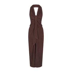 TERRY COVER-UPS DEEP PLUNGE HALTER WRAP DRESS | DARK SEPIA