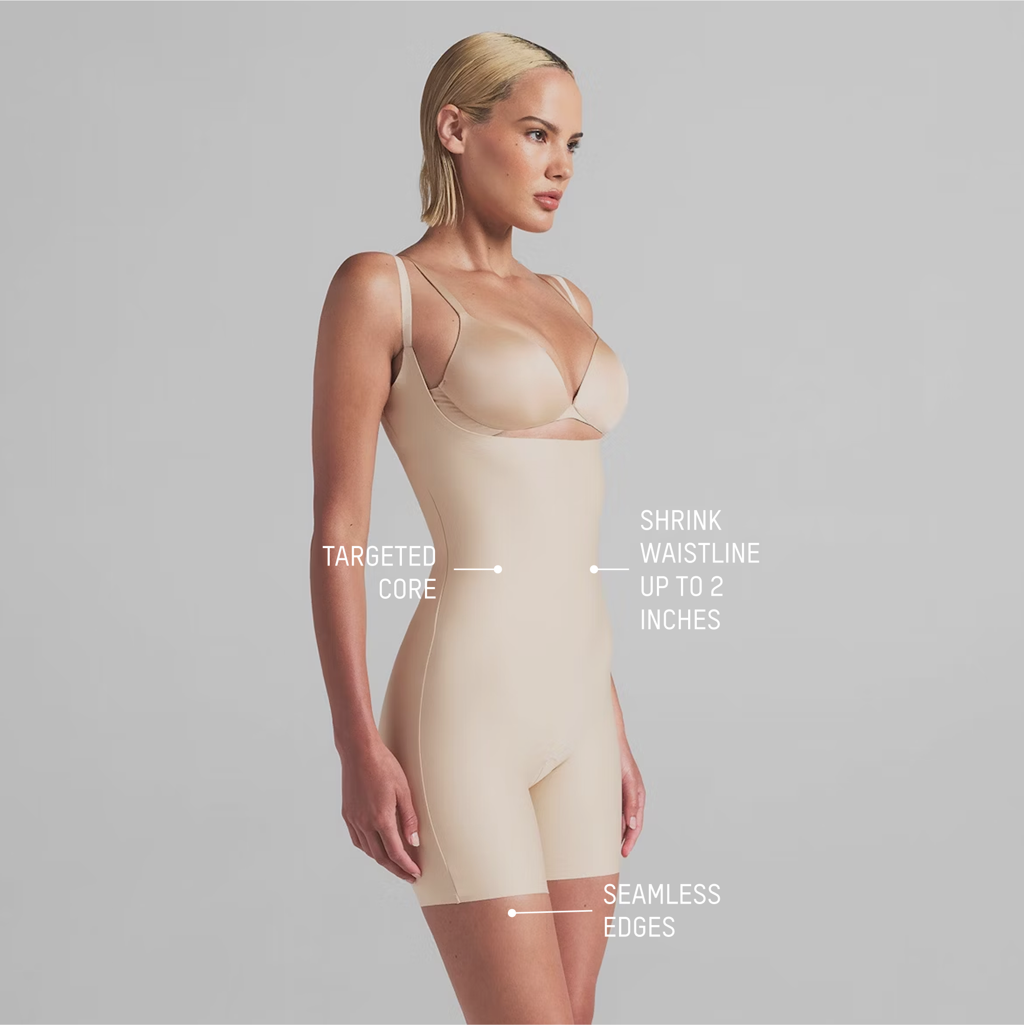 SKIMS BODY CORE SCULPT OPEN BUST MID THIGH BODYSUIT | SAND