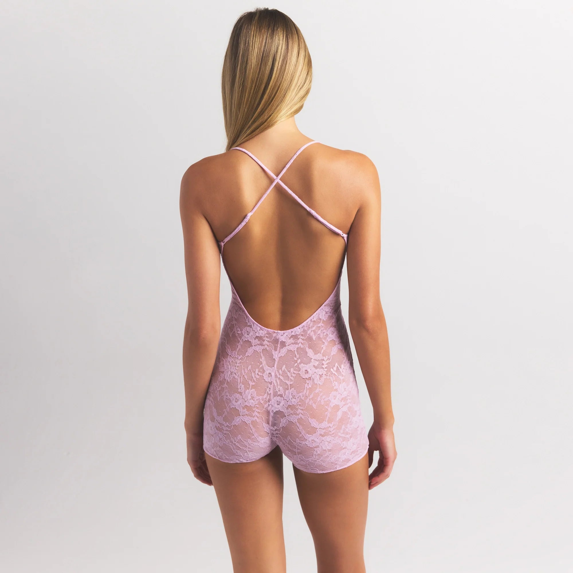 STRETCH LACE LOW BACK ONESIE | BABY PINK