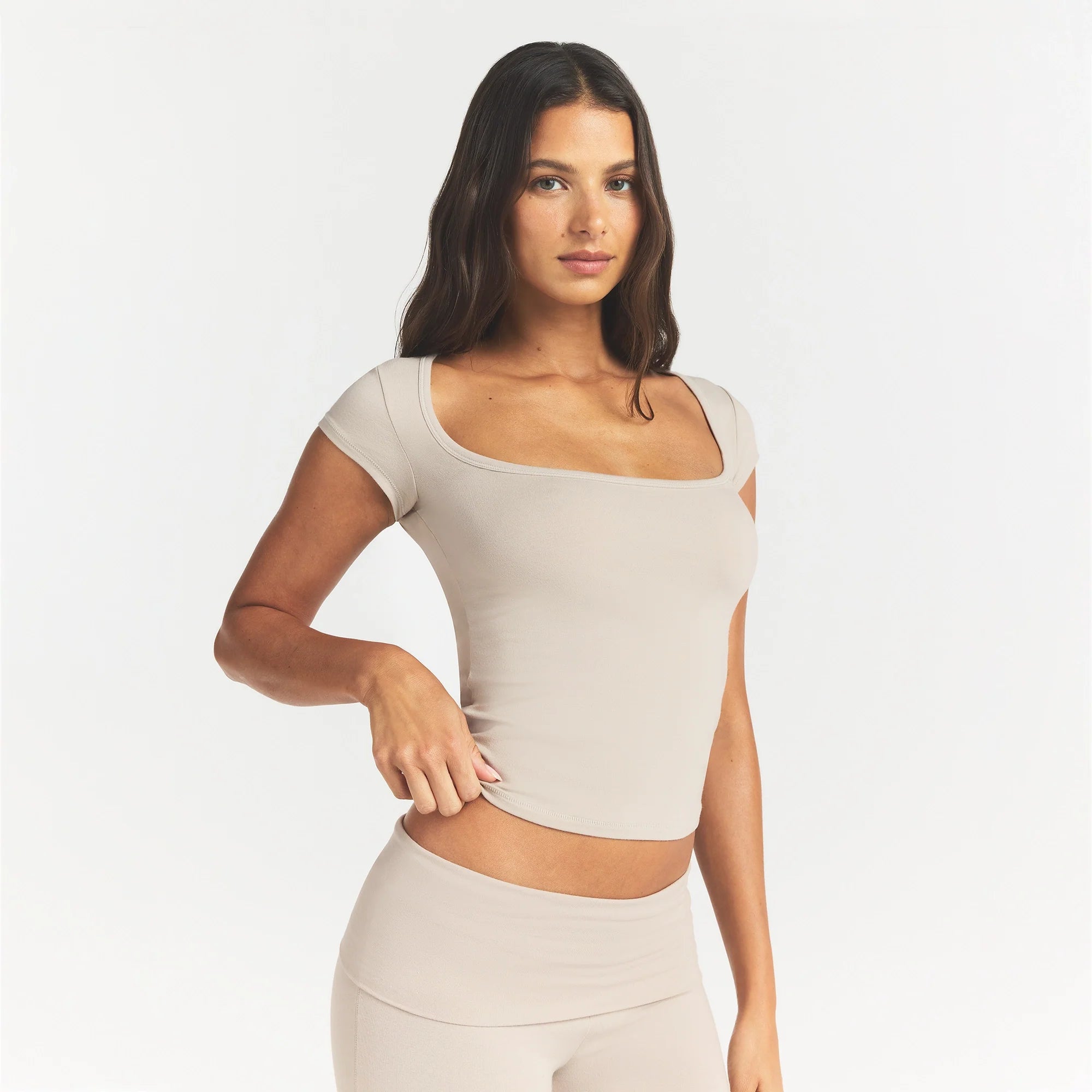 COTTON JERSEY SCOOP NECK T-SHIRT | STONE