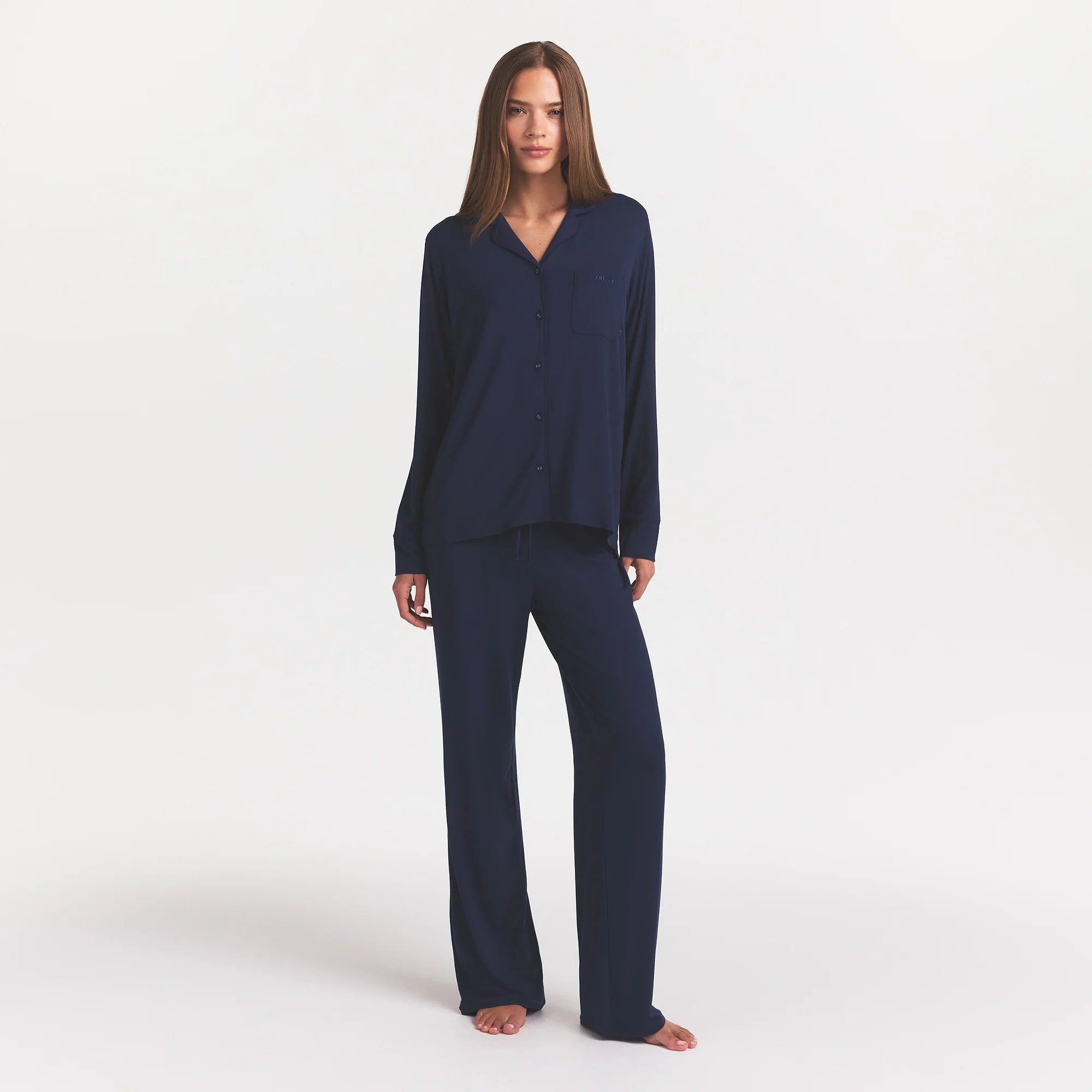SKIMS SLEEP LONG SLEEVE BUTTON UP SET | NAVY