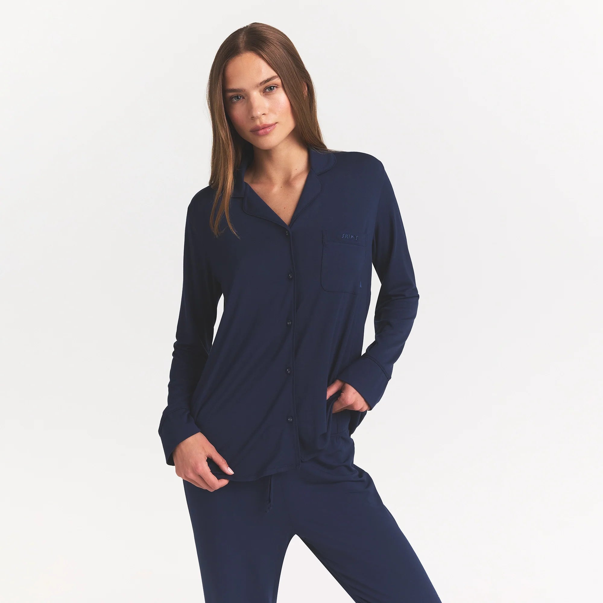SKIMS SLEEP LONG SLEEVE BUTTON UP SET | NAVY