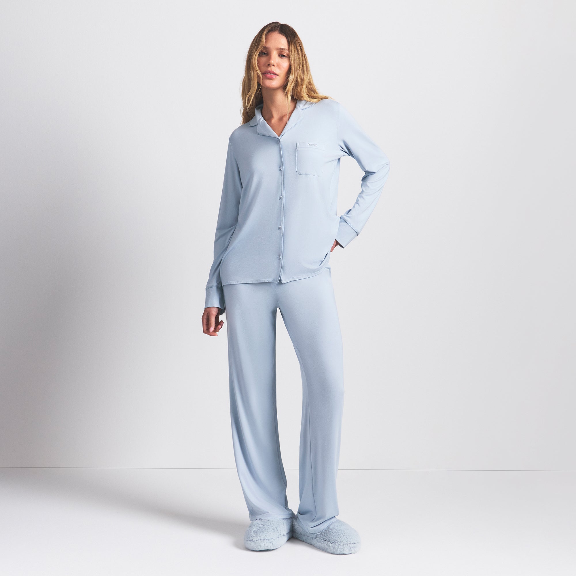 SKIMS SLEEP LONG SLEEVE BUTTON UP SET | ZEN BLUE