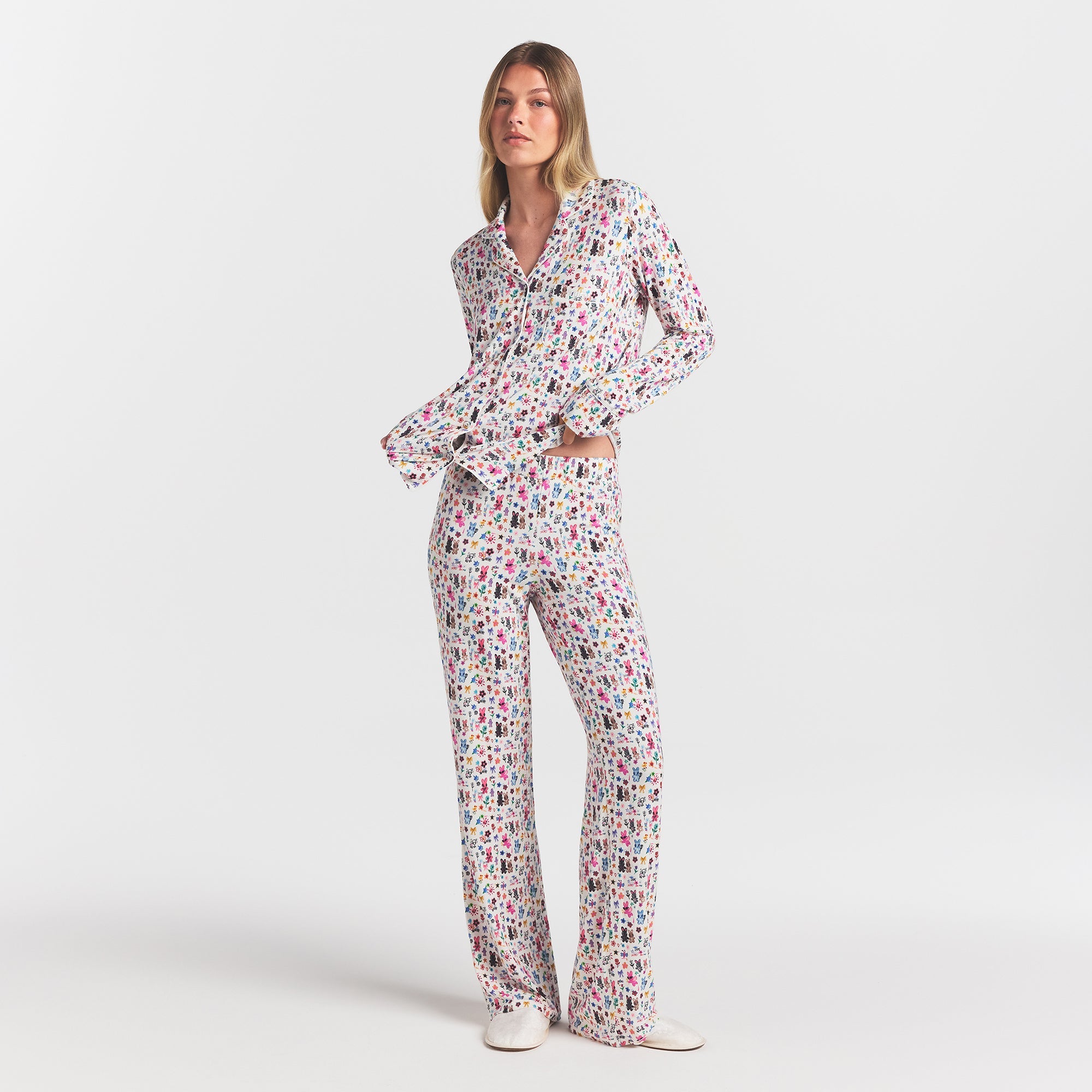 SKIMS SLEEP LONG SLEEVE BUTTON UP SET | MARBLE COOL BUNNY