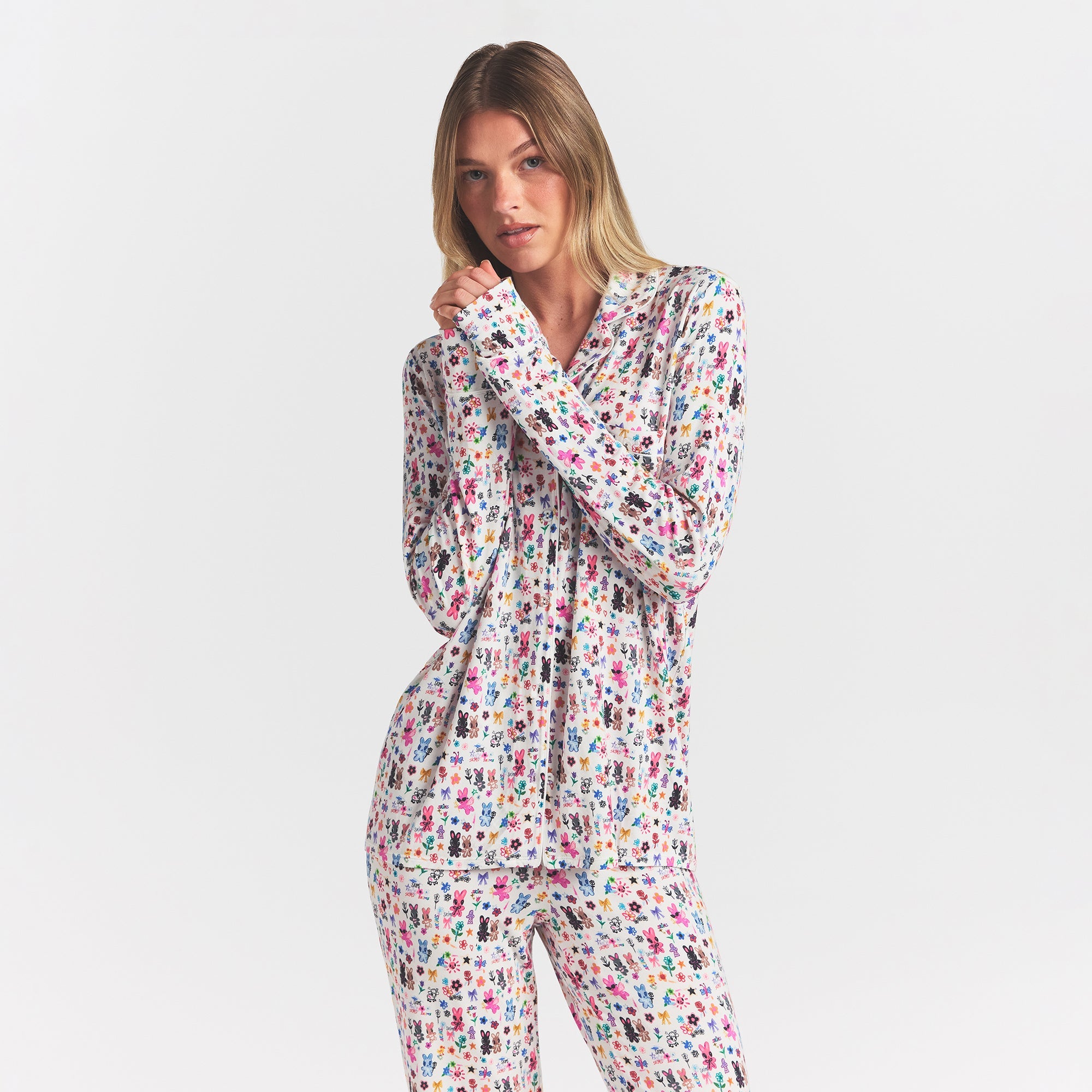 SKIMS SLEEP LONG SLEEVE BUTTON UP SET | MARBLE COOL BUNNY