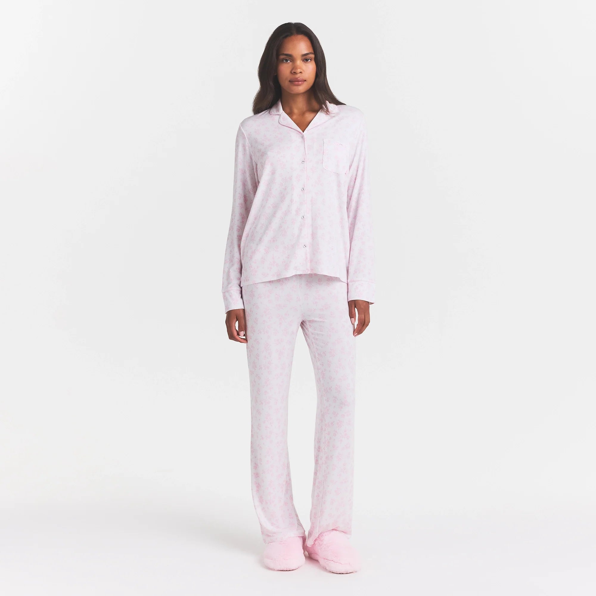 SKIMS SLEEP LONG SLEEVE BUTTON UP SET | SNOW DELICATE FLORAL PRINT