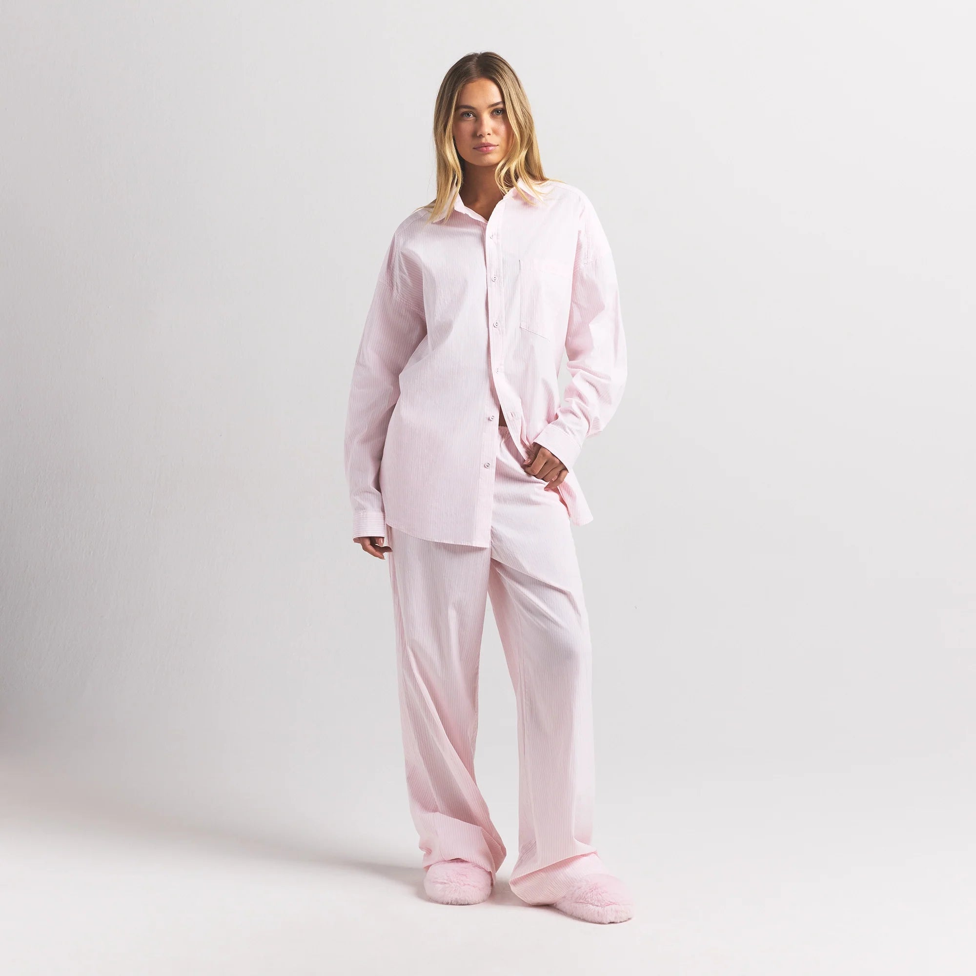 COTTON POPLIN OVERSIZED SLEEP SET | CHERRY BLOSSOM STRIPE