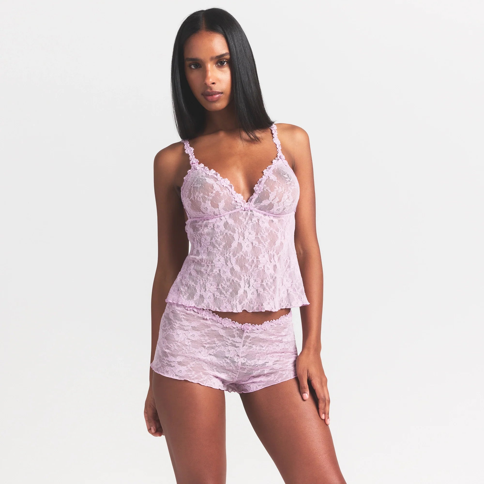 STRETCH LACE TRIANGLE CAMI AND SHORT SET | BABY PINK