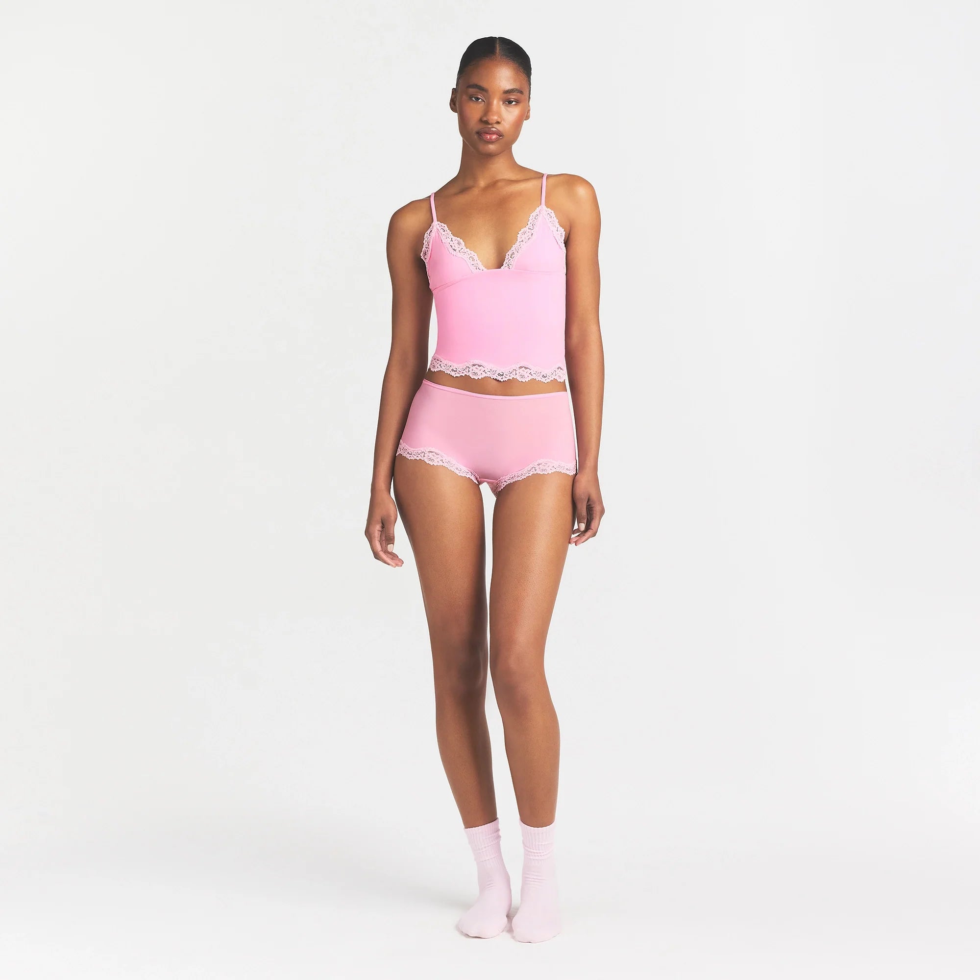FITS EVERYBODY LACE TRIANGLE CAMI AND BOY SHORT SET | BUBBLE GUM TONAL