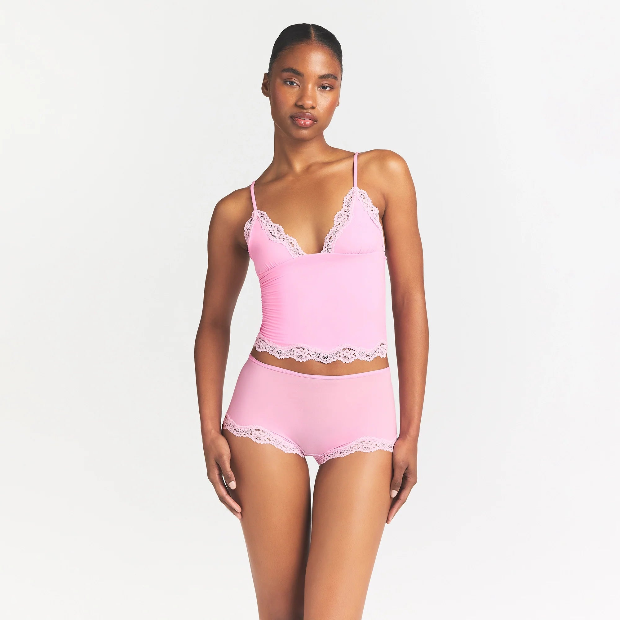 FITS EVERYBODY LACE TRIANGLE CAMI AND BOY SHORT SET | BUBBLE GUM TONAL
