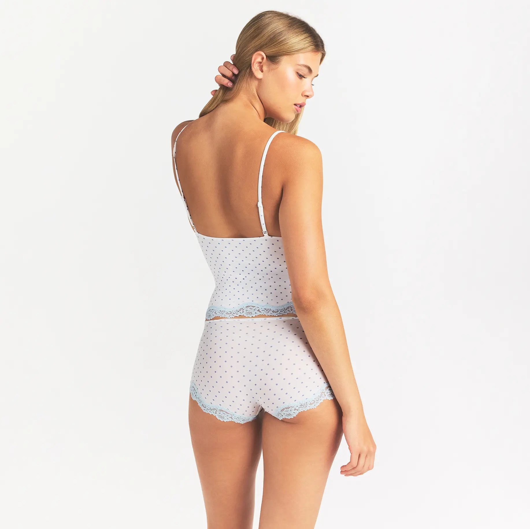 FITS EVERYBODY LACE TRIANGLE CAMI AND BOY SHORT SET | SLATE PIN DOT PRINT