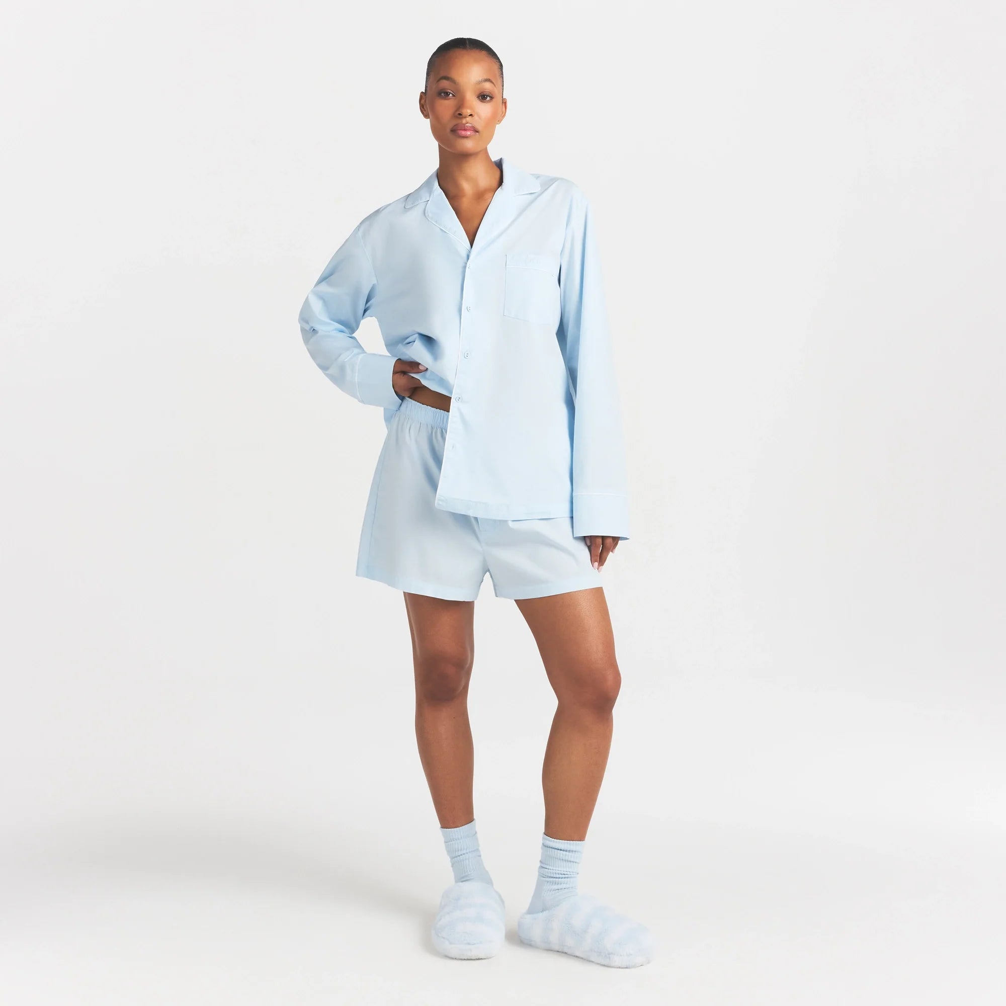 COTTON POPLIN SLEEP LONG SLEEVE AND BOXER SET | BABY BLUE CONTRAST