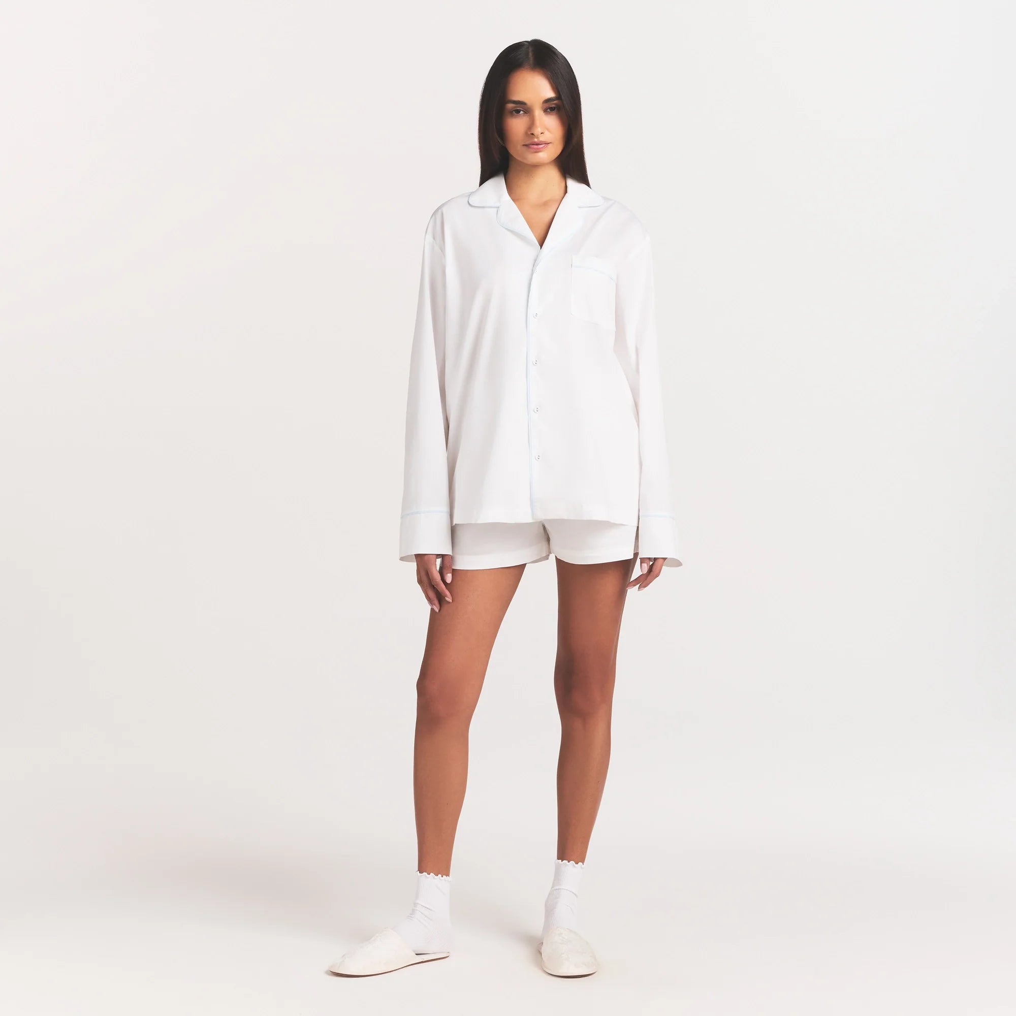 COTTON POPLIN SLEEP LONG SLEEVE AND BOXER SET | SNOW CONTRAST