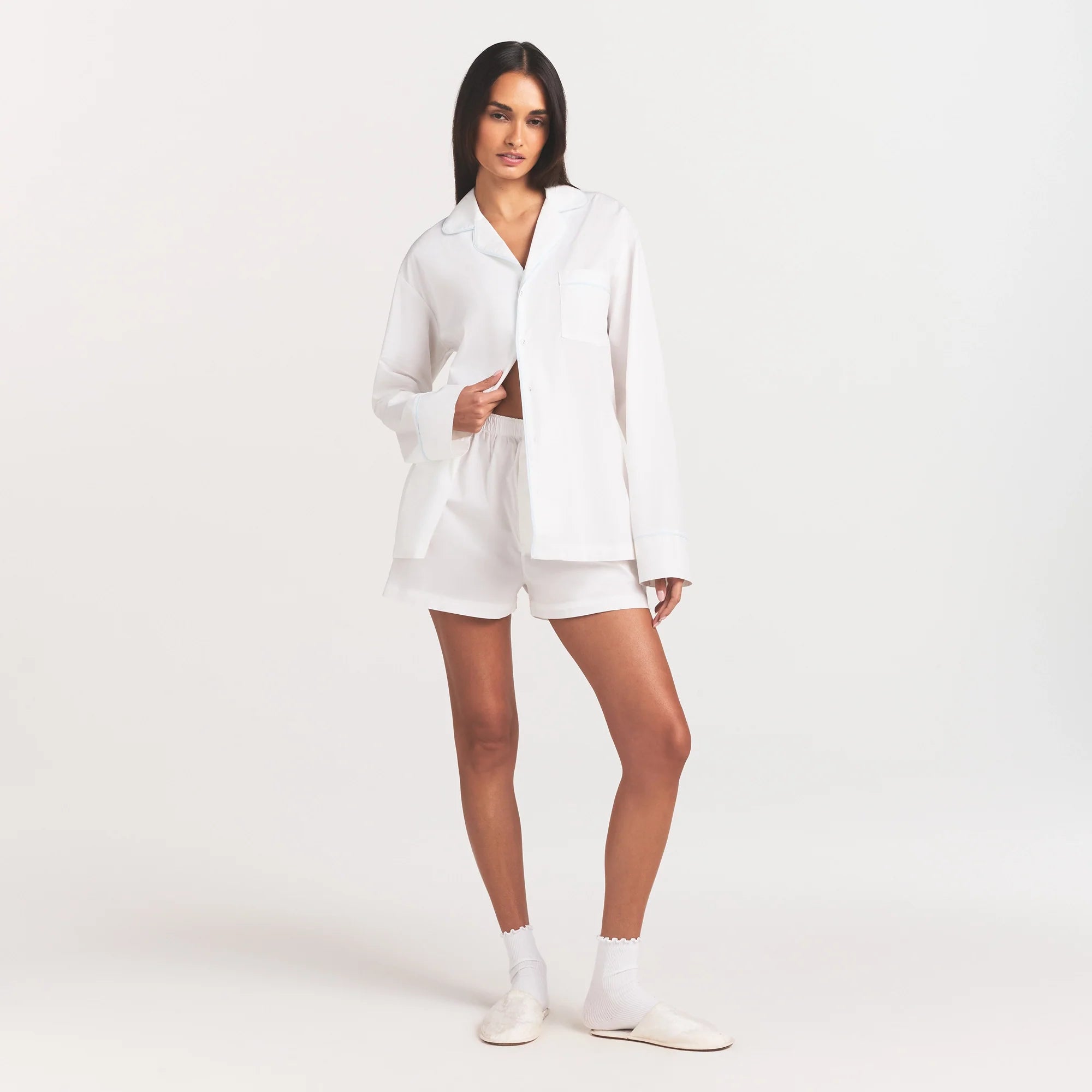 COTTON POPLIN SLEEP LONG SLEEVE AND BOXER SET | SNOW CONTRAST