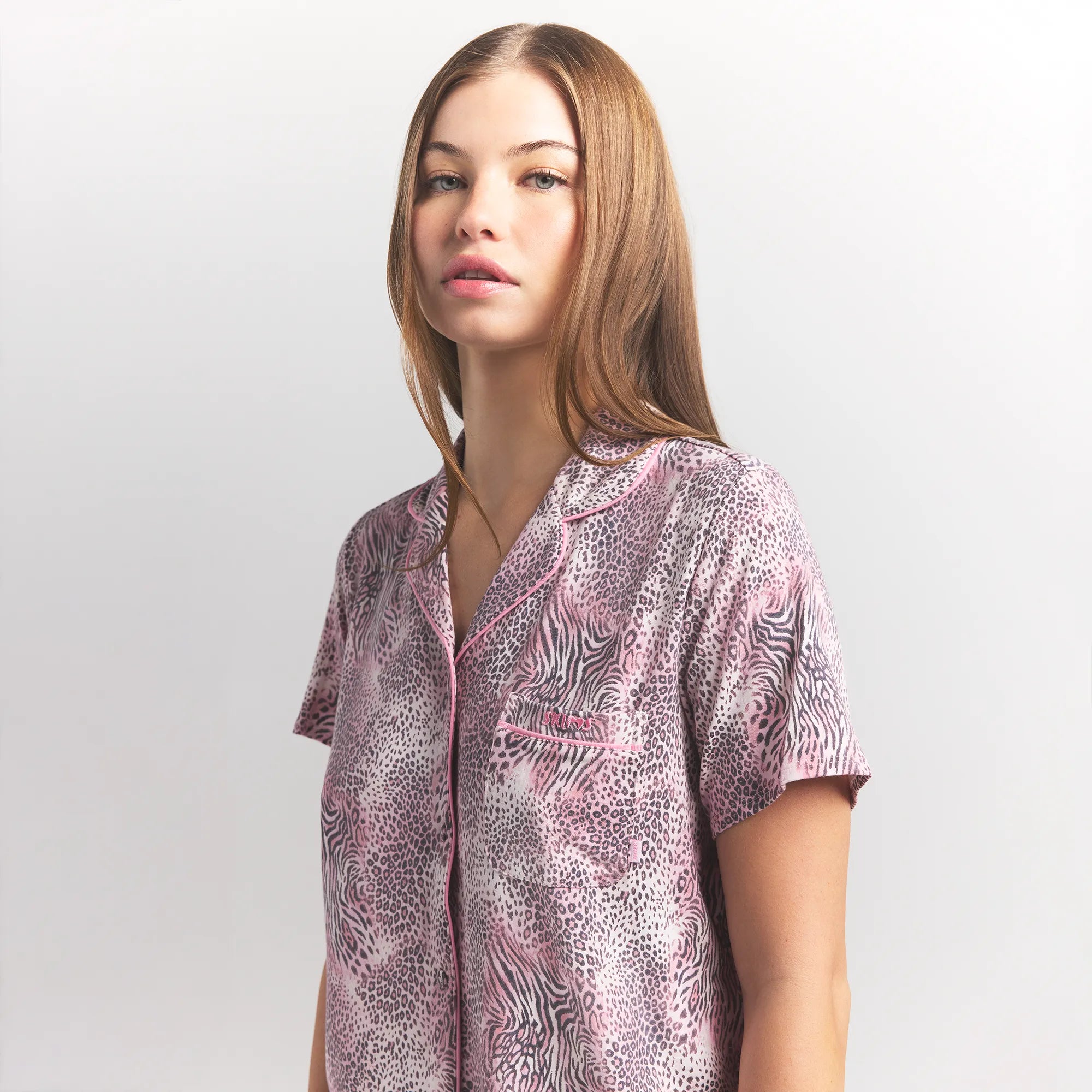 SKIMS SLEEP SHORT SLEEVE BUTTON UP SET | BLOOM MINI MULTI ANIMAL