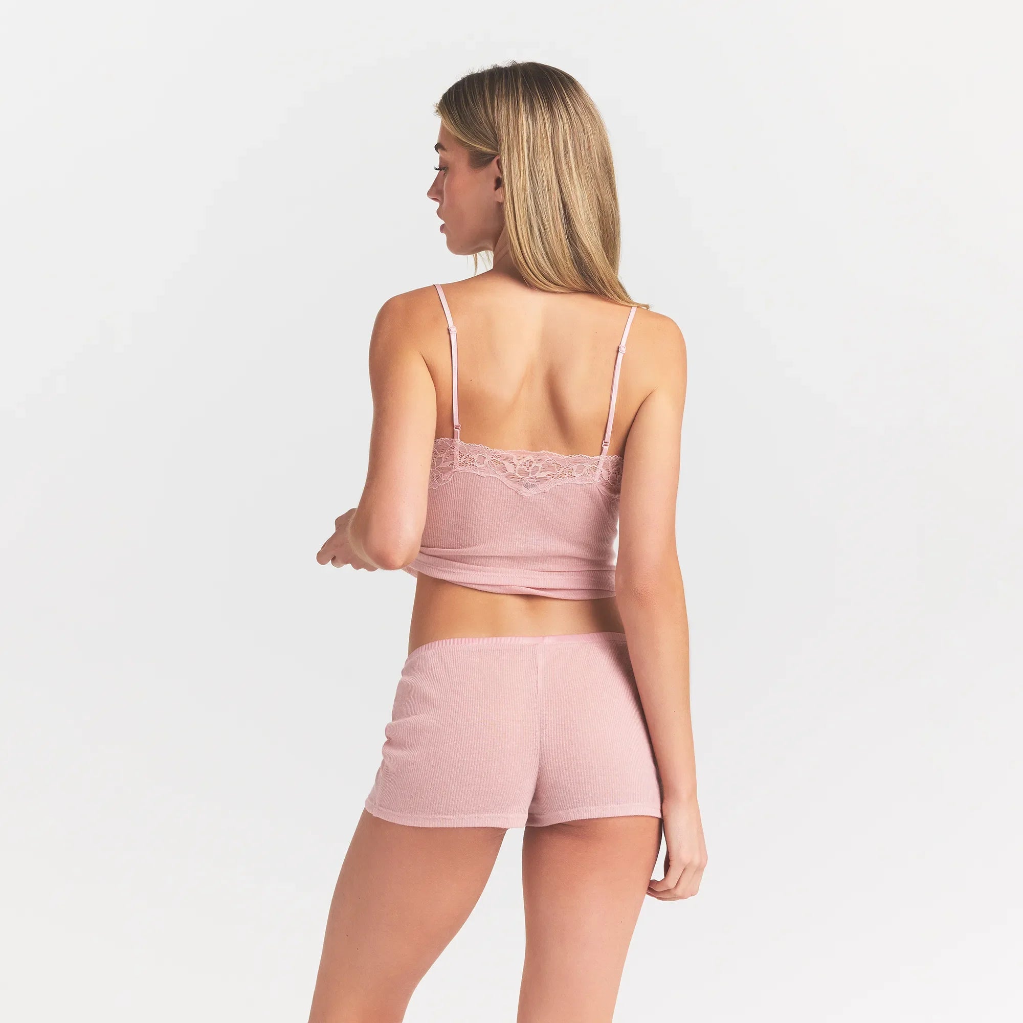 SHEER RIB LACE CAMI AND SHORT SET | MORGANITE