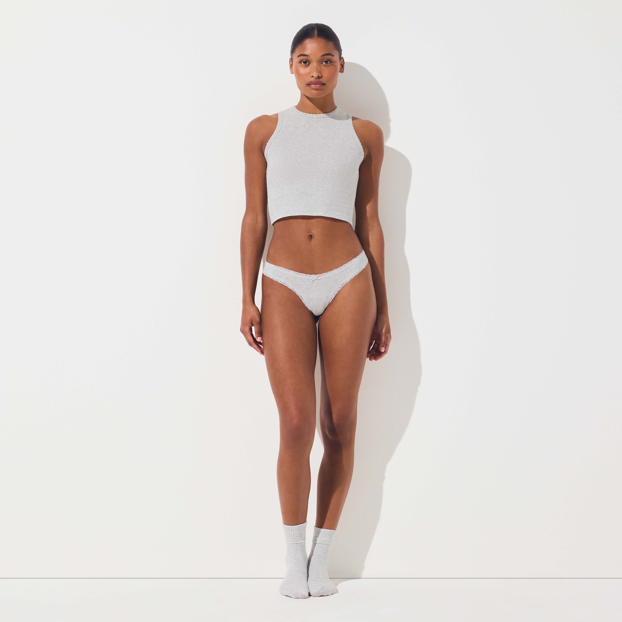 LIGHTWEIGHT COTTON LACE THONG | LIGHT HEATHER GREY