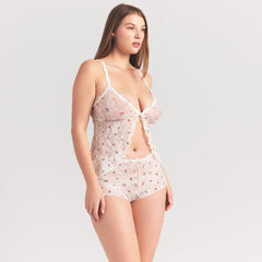 STRETCH LACE BABYDOLL TOP | IVORY CHERRY PRINT