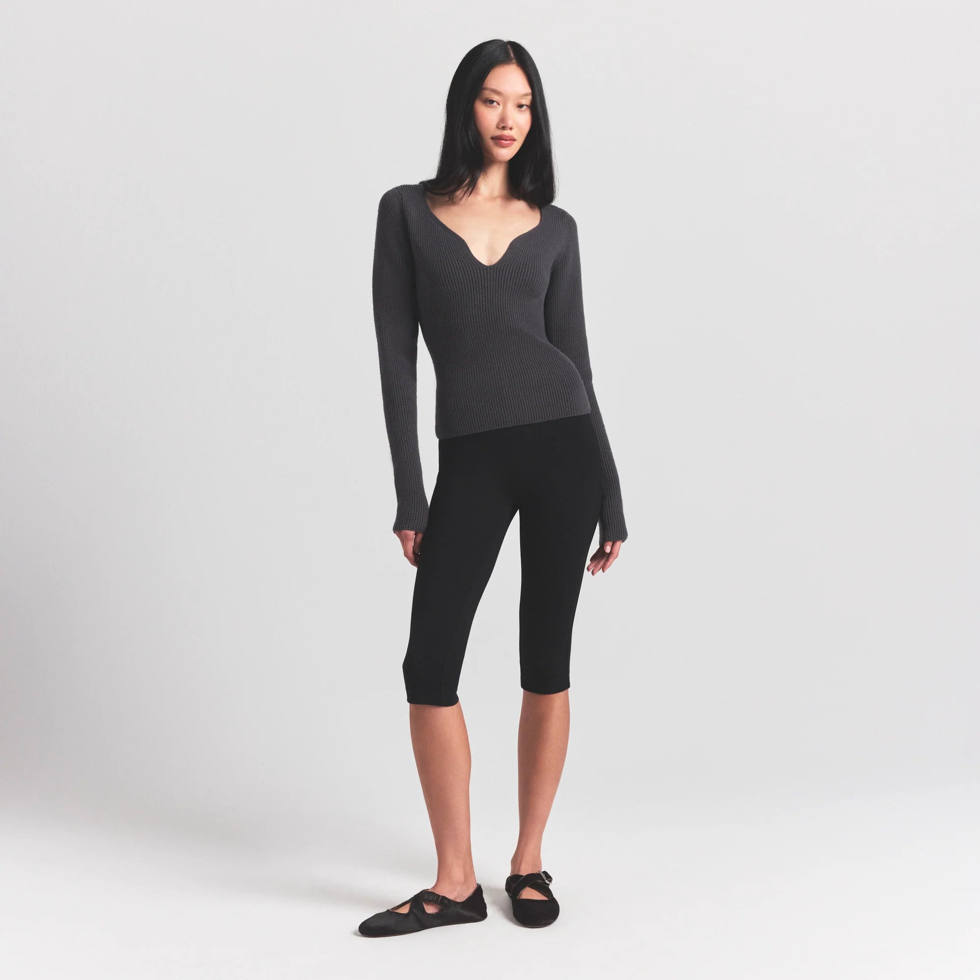 SWEATER KNITS RIBBED LONG SLEEVE TOP | ASH