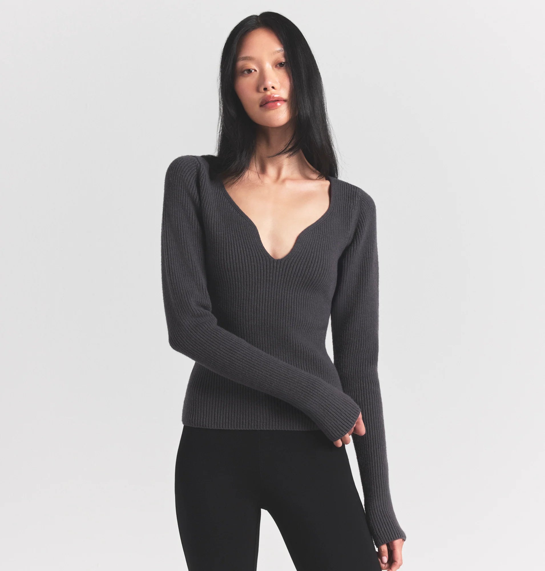 SWEATER KNITS RIBBED LONG SLEEVE TOP | ASH