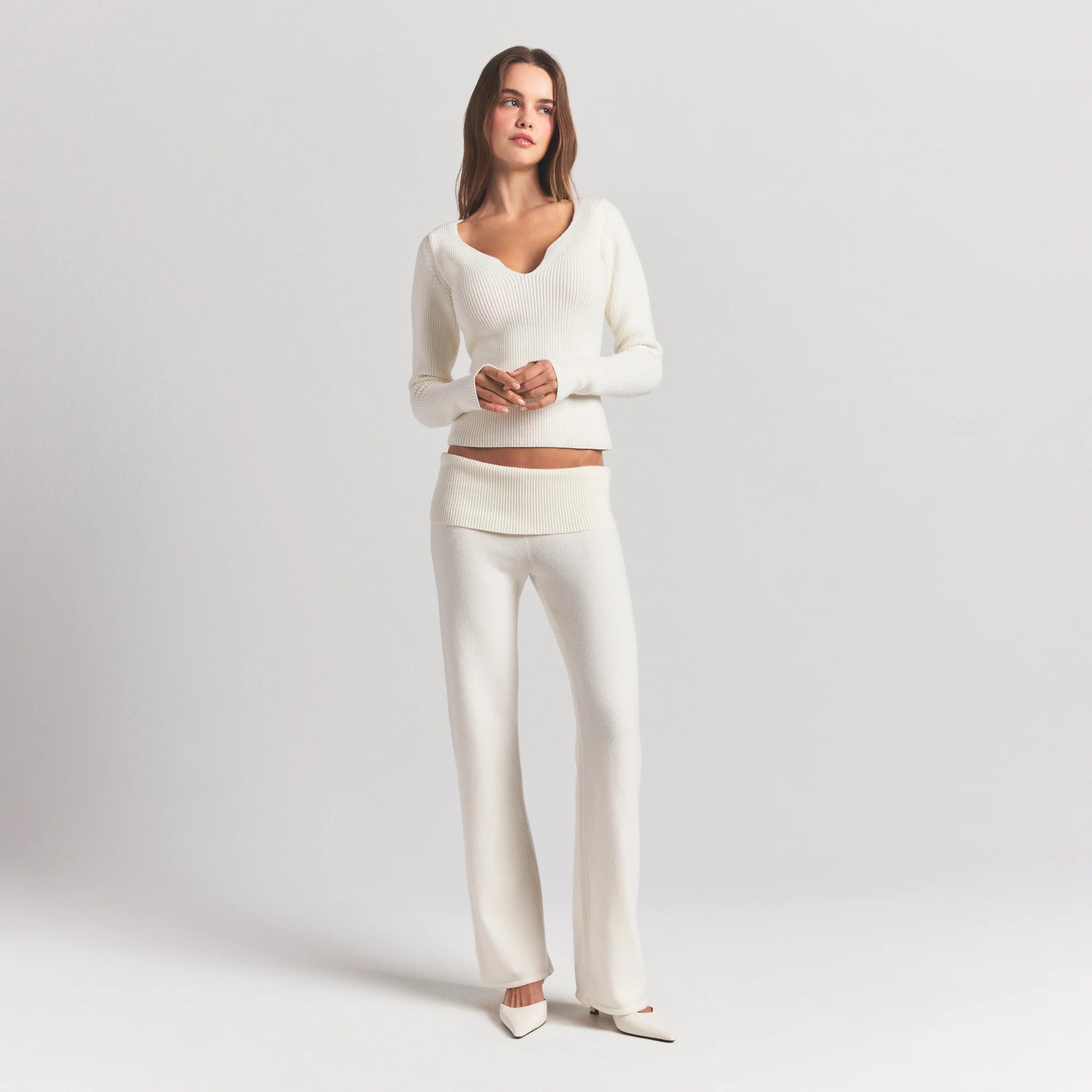 SWEATER KNITS RIBBED LONG SLEEVE TOP | IVORY