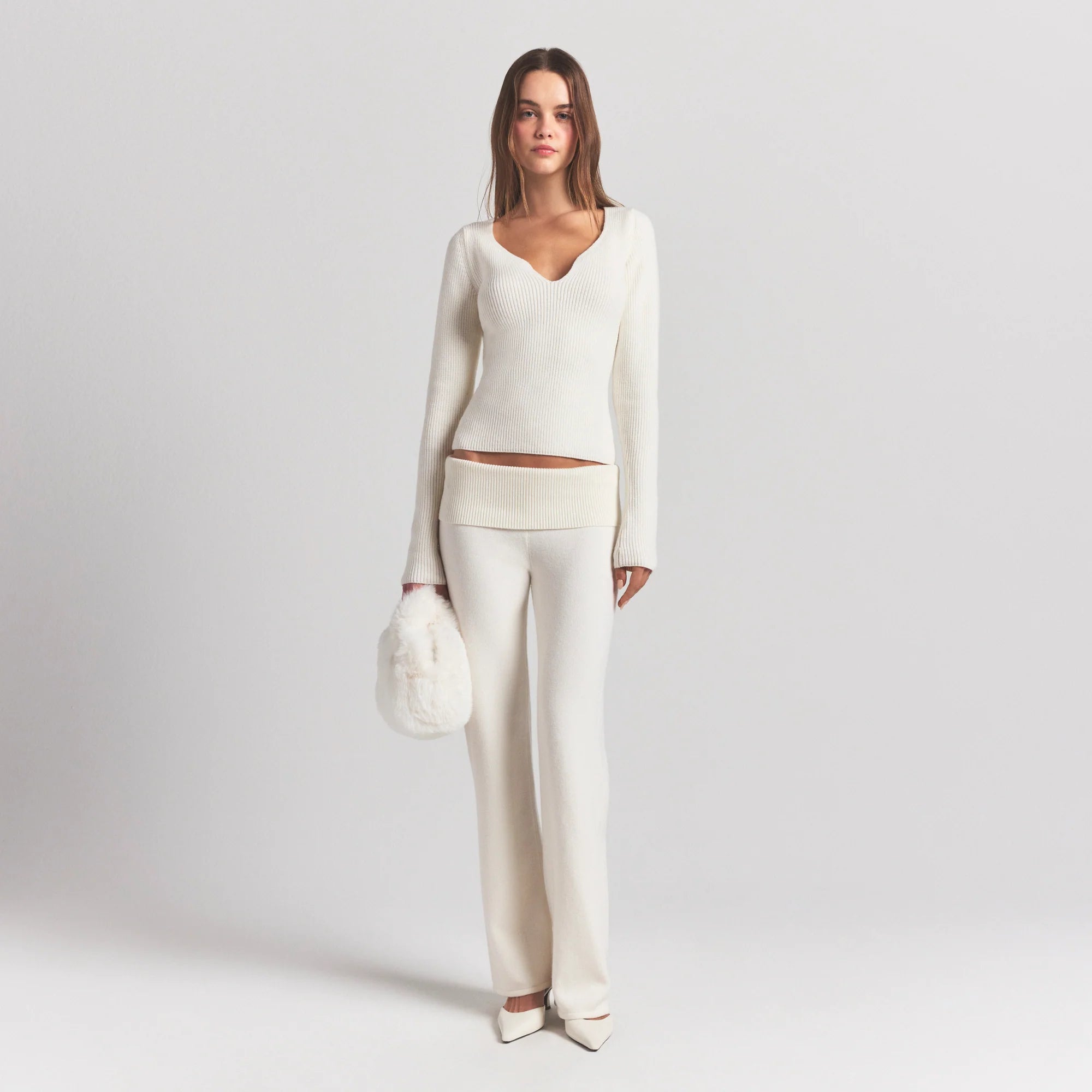 SWEATER KNITS RIBBED LONG SLEEVE TOP | IVORY