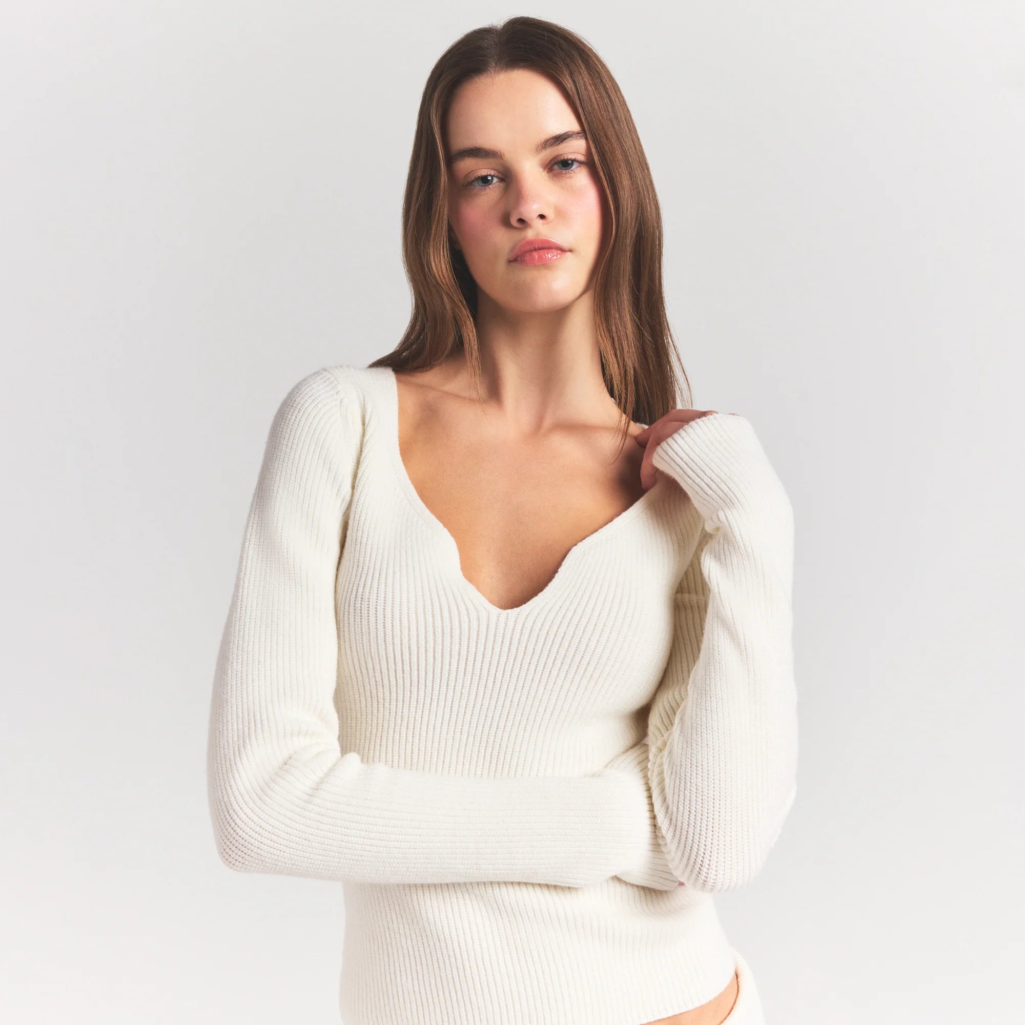 SWEATER KNITS RIBBED LONG SLEEVE TOP | IVORY
