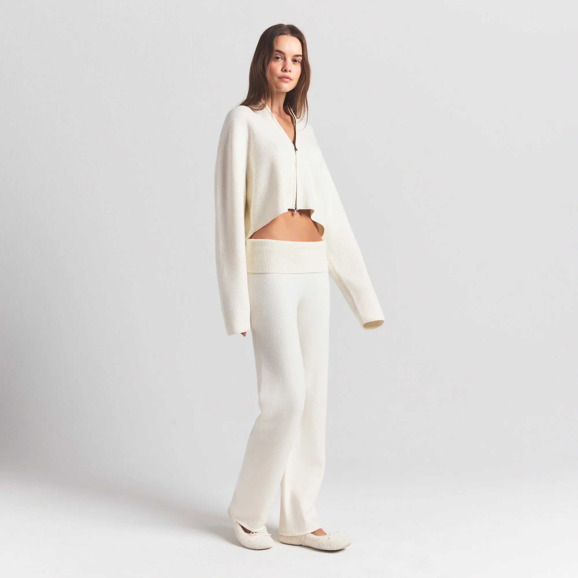 SWEATER KNITS RIBBED MOCK NECK ZIP UP | IVORY
