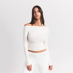 COTTON JERSEY LONG SLEEVE BOATNECK TOP | MARBLE