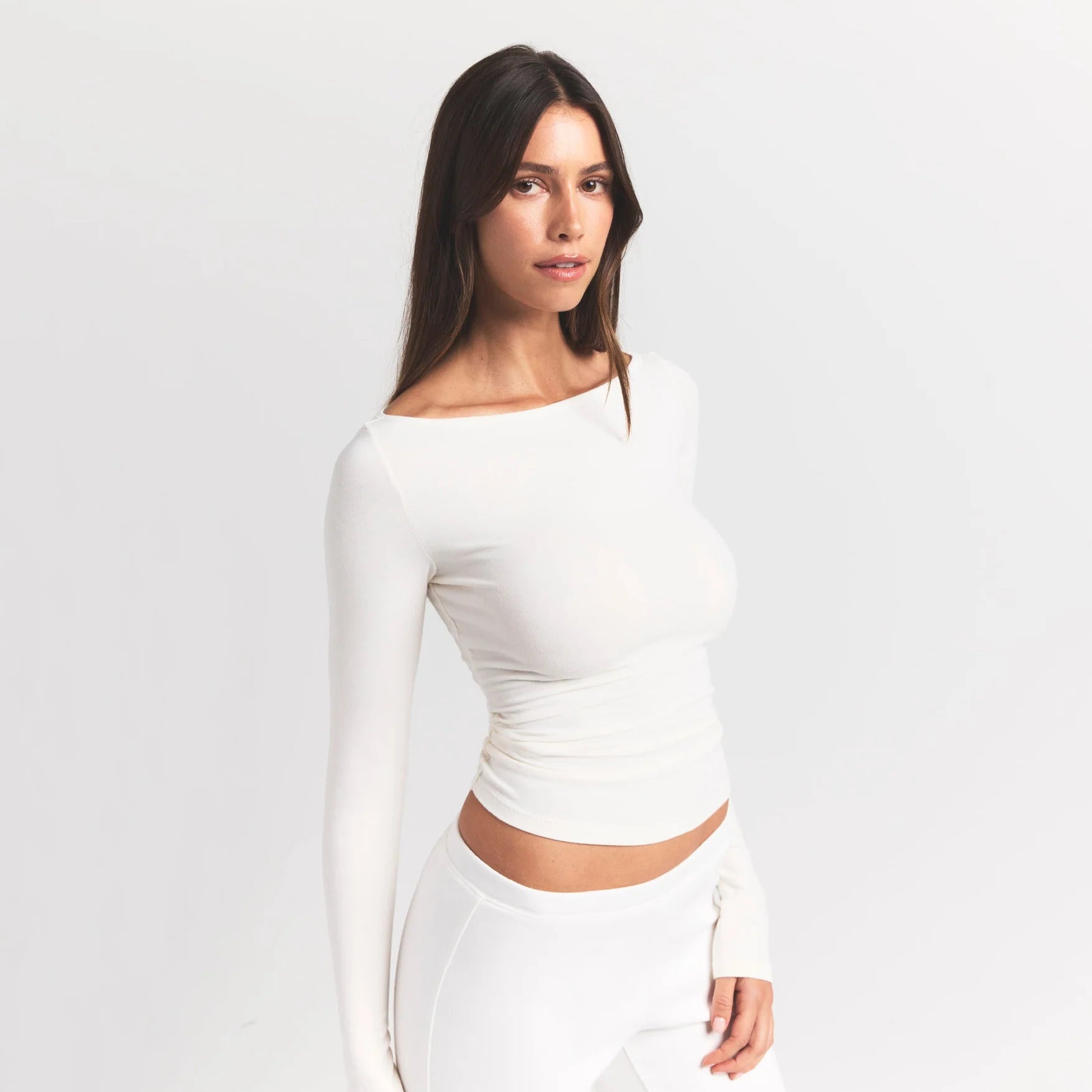 COTTON JERSEY LONG SLEEVE BOATNECK TOP | MARBLE