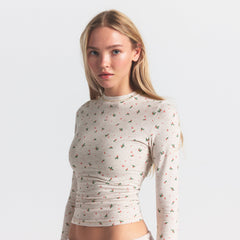 COTTON JERSEY LONG SLEEVE T-SHIRT | OATMEAL HEATHER HOLLY PRINT