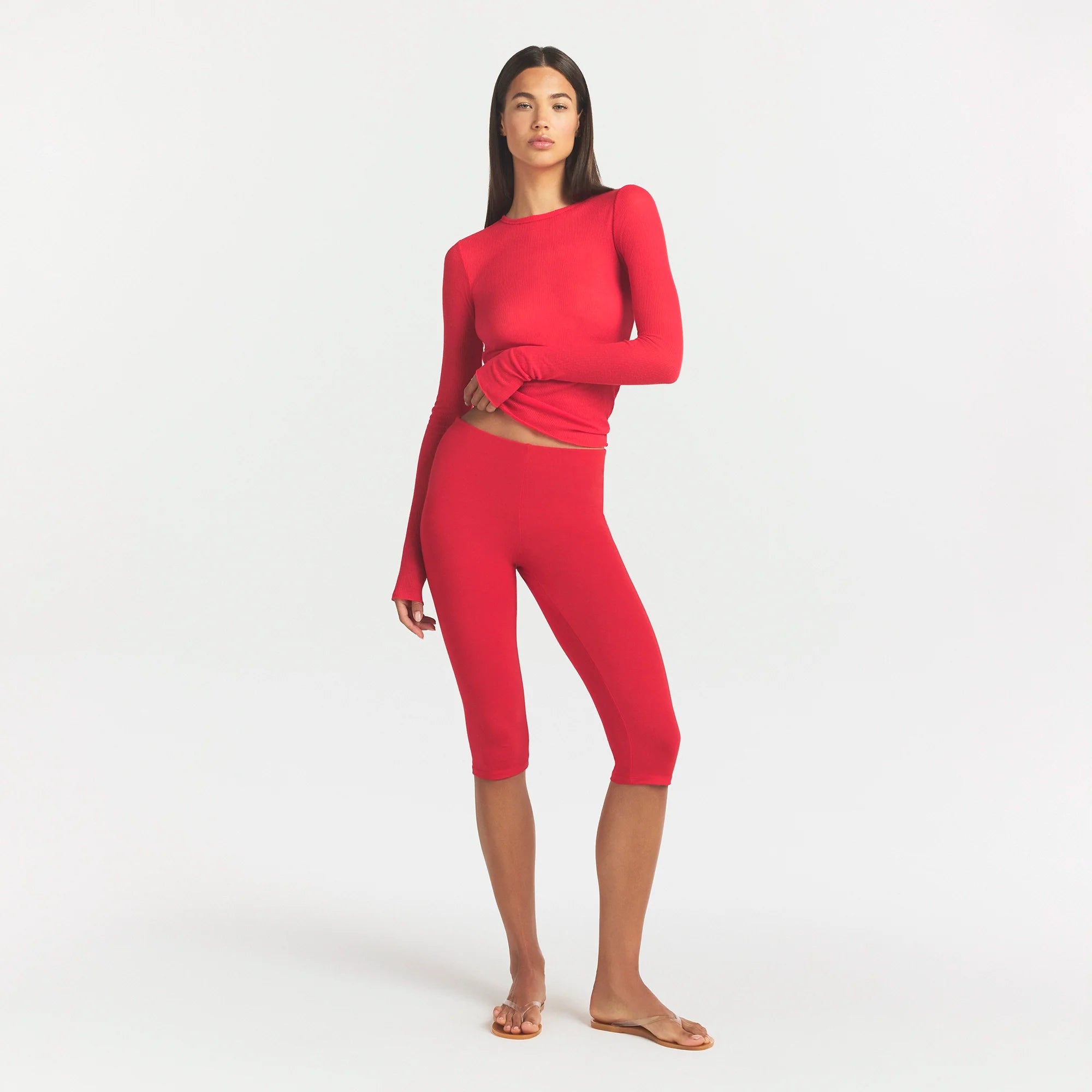 SHEER RIB LONG SLEEVE TOP | CARMINE