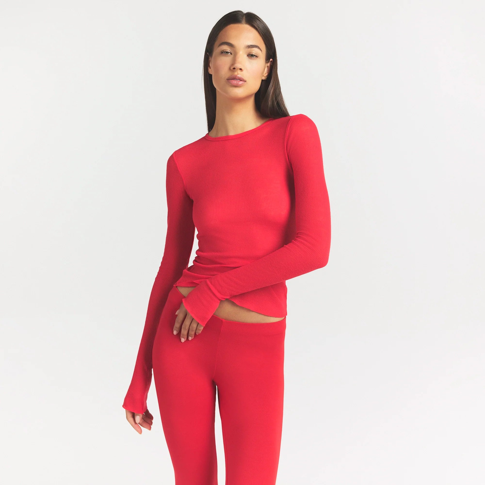 SHEER RIB LONG SLEEVE TOP | CARMINE