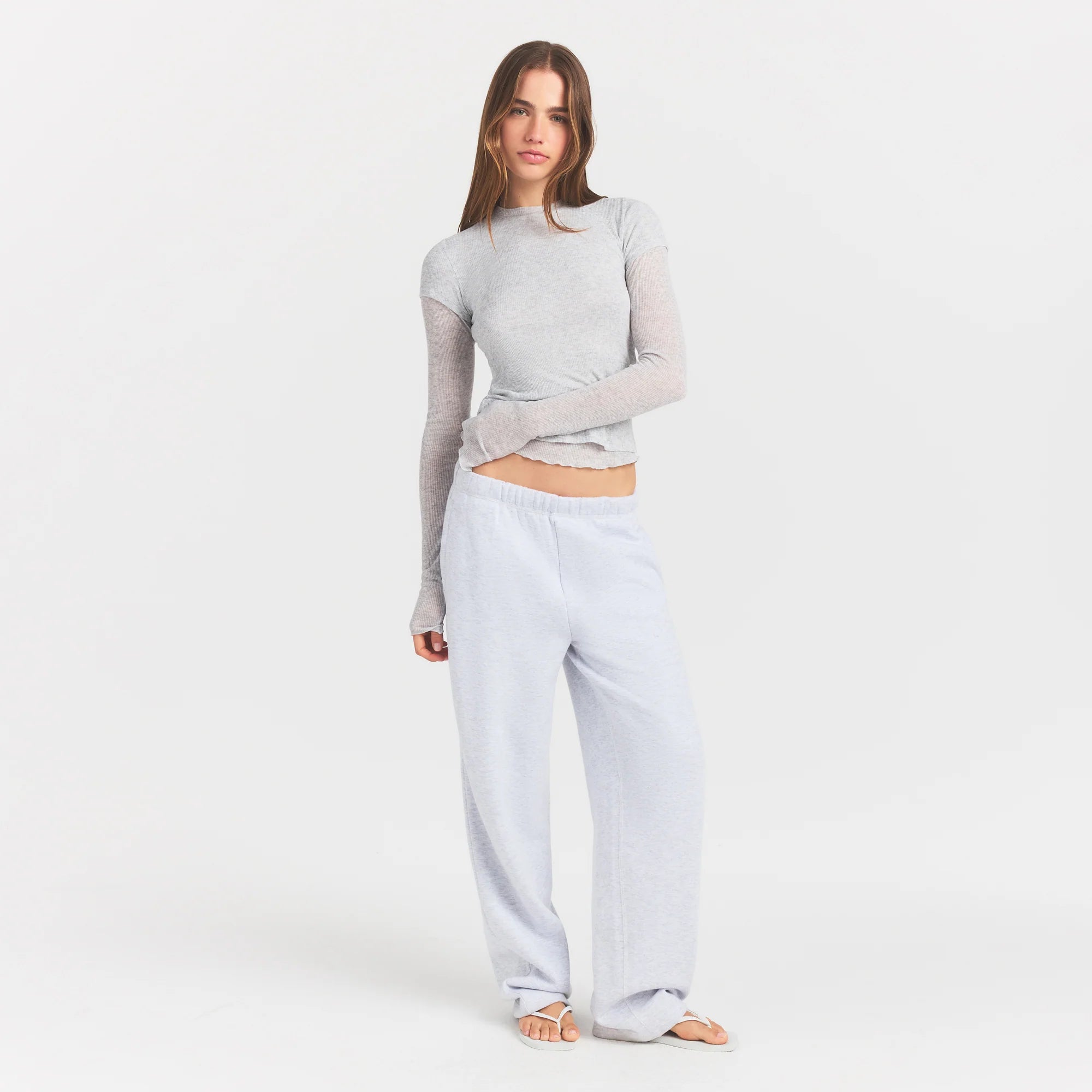 SHEER RIB LONG SLEEVE TOP | LIGHT HEATHER GREY