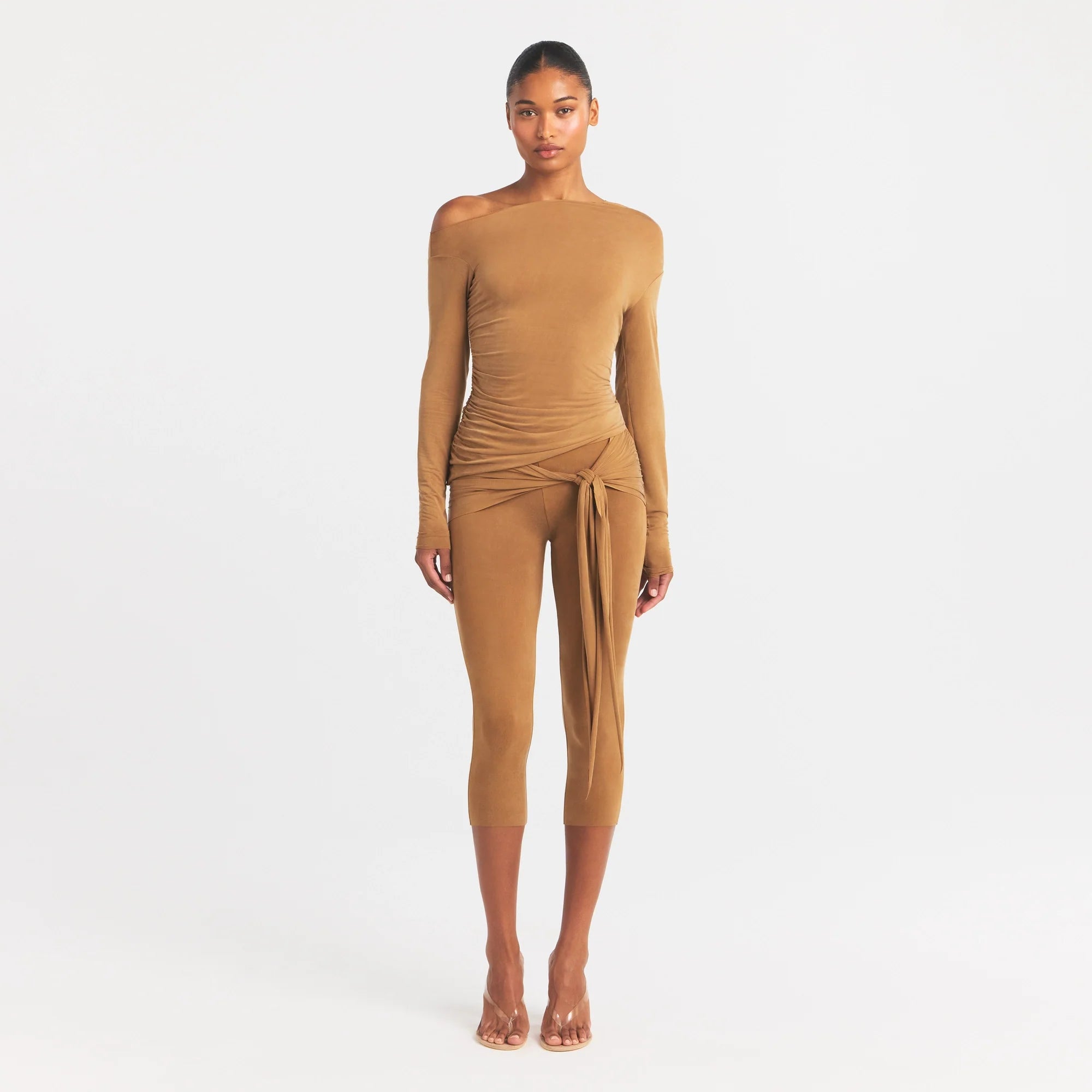 CUPRO JERSEY ASYMMETRICAL TOP | ALMOND