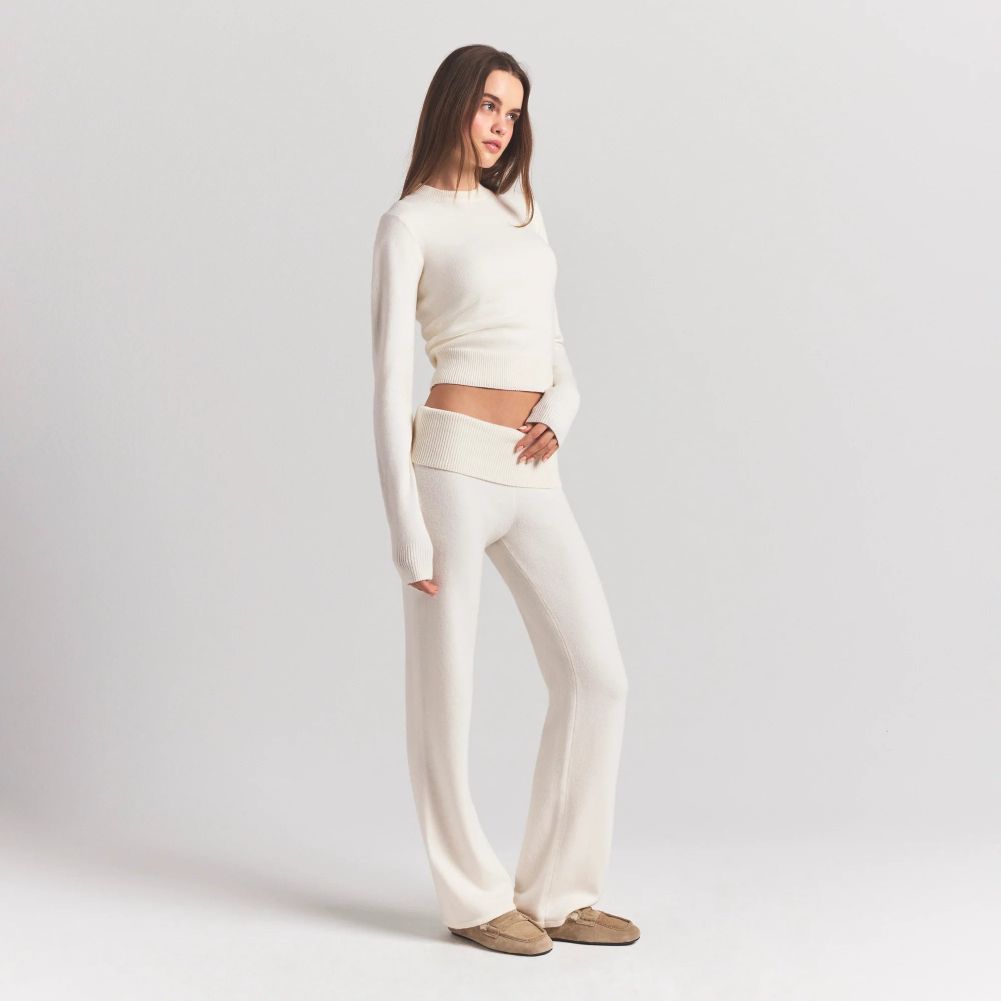 SWEATER KNITS RIBBED LONG SLEEVE FITTED CREW NECK | IVORY
