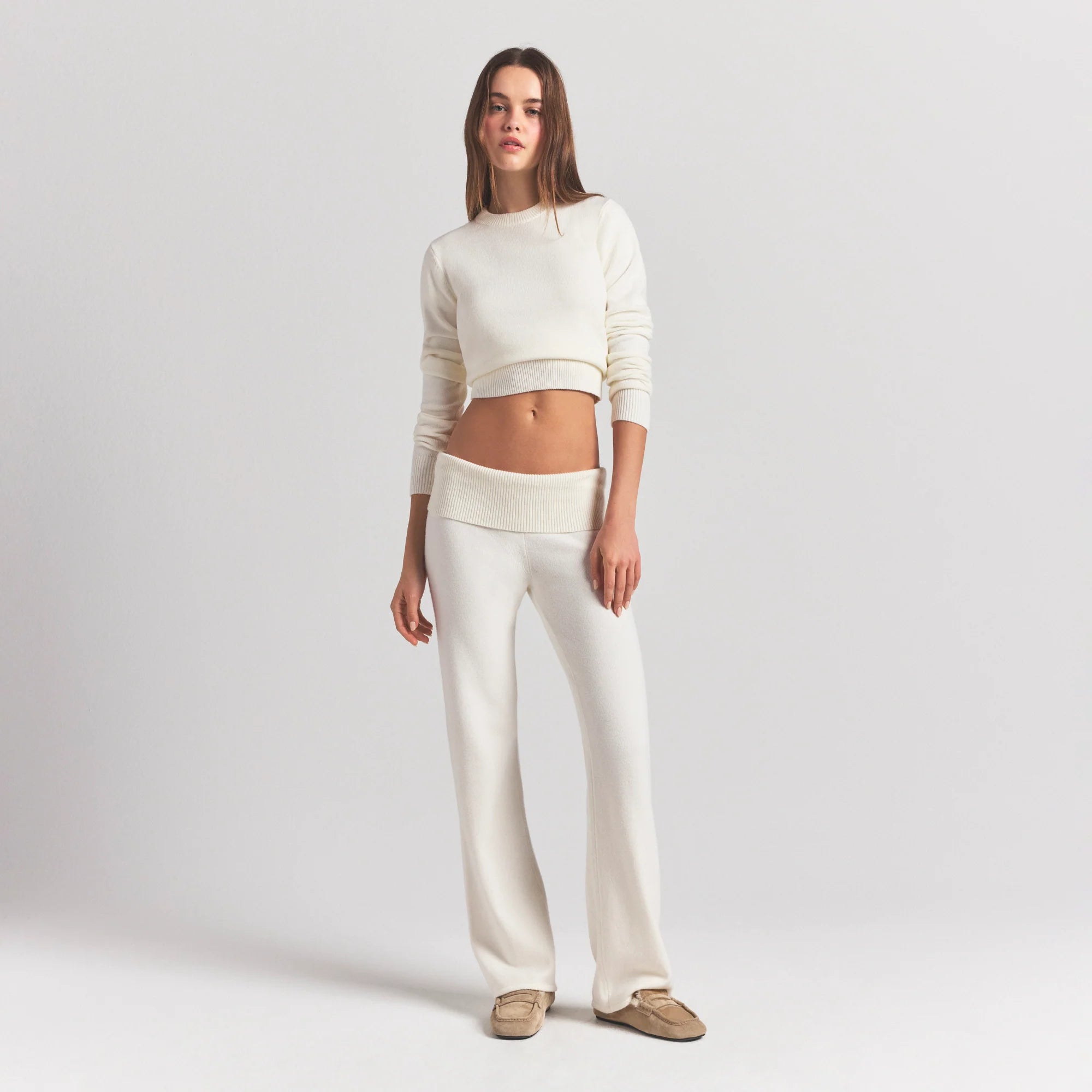 SWEATER KNITS RIBBED LONG SLEEVE FITTED CREW NECK | IVORY