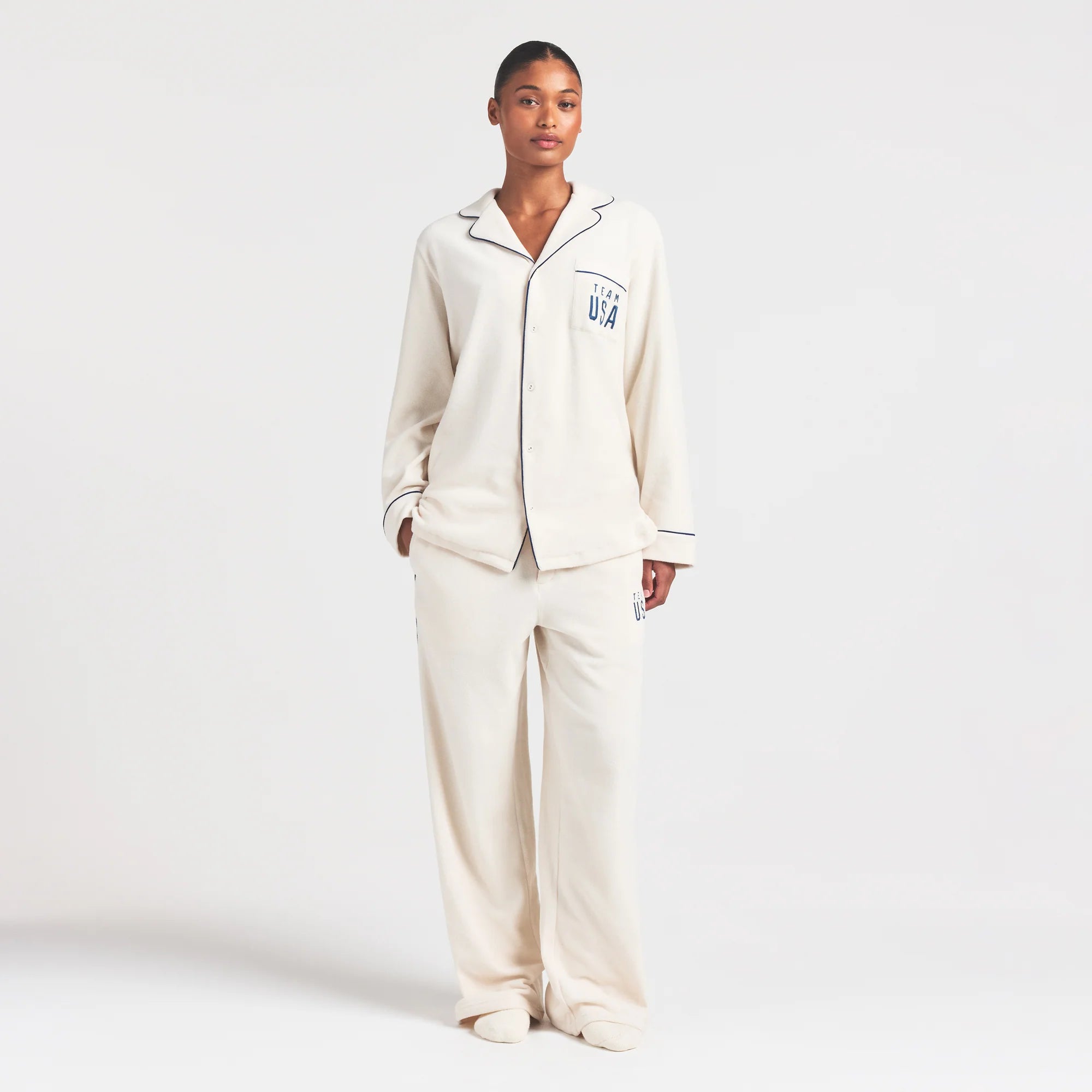 SKIMS FOR TEAM USA FLEECE UNISEX OLYMPIC OVERSIZED SLEEP TOP | ECRU