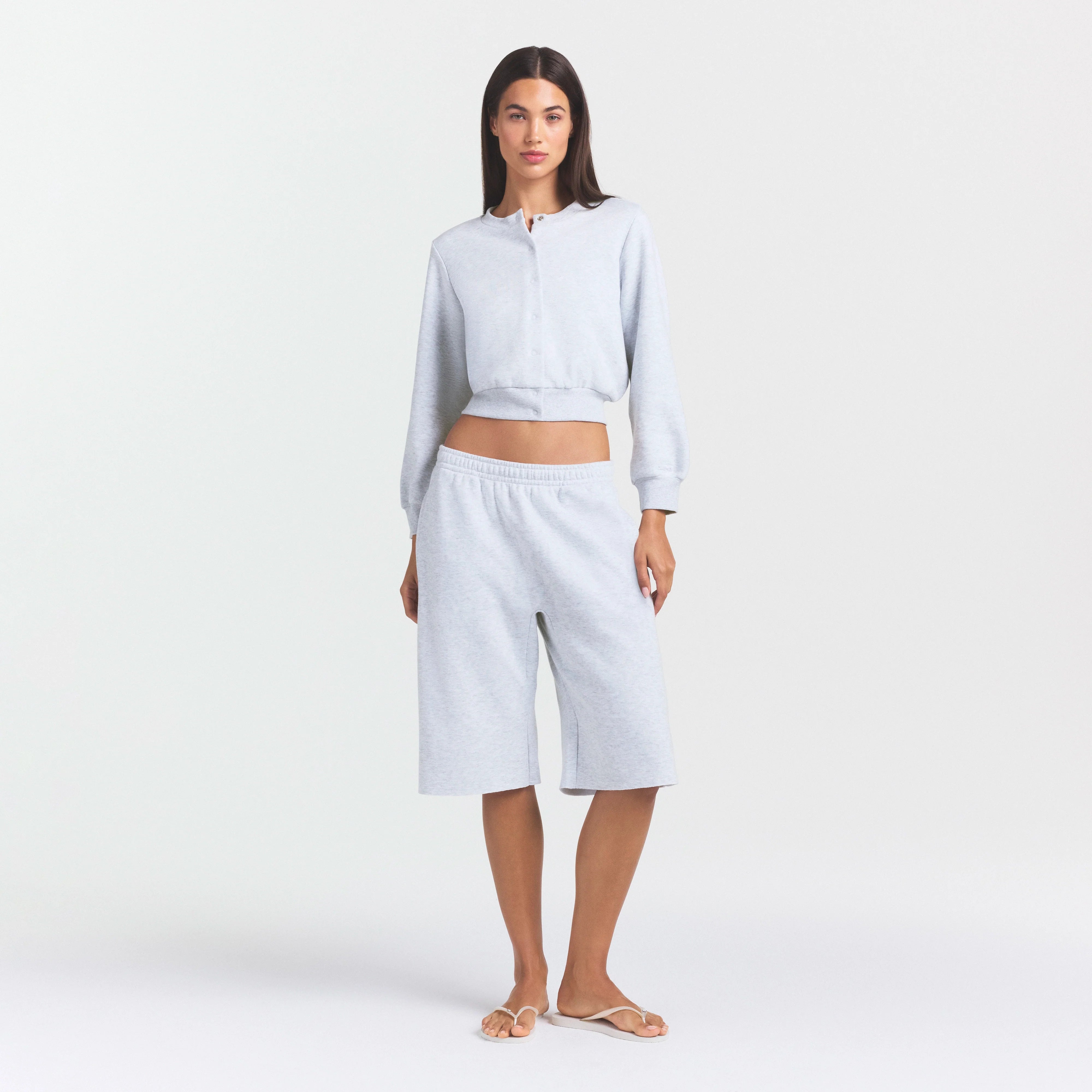 COTTON FLEECE SHRUNKEN CARDIGAN | LIGHT HEATHER GREY