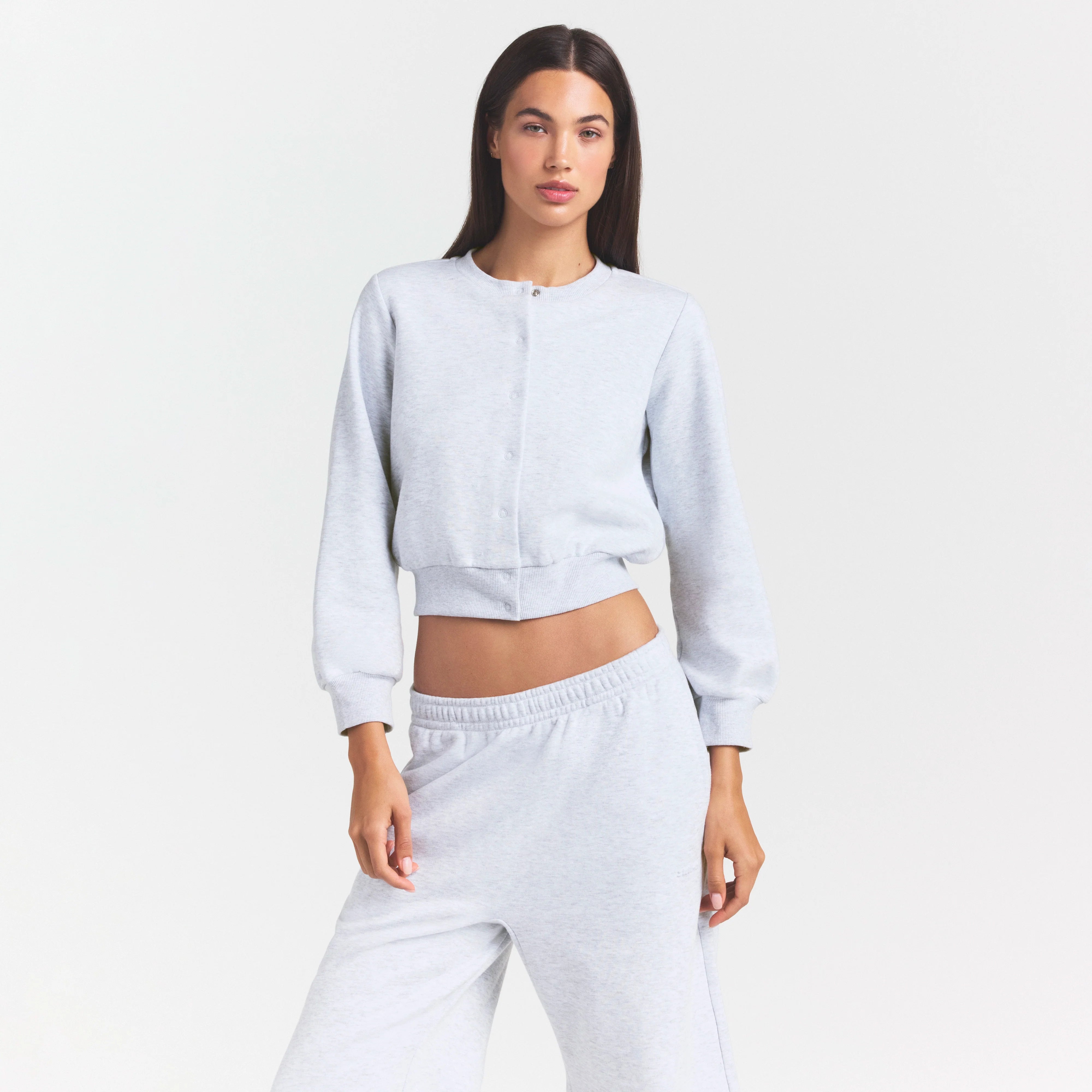 COTTON FLEECE SHRUNKEN CARDIGAN | LIGHT HEATHER GREY