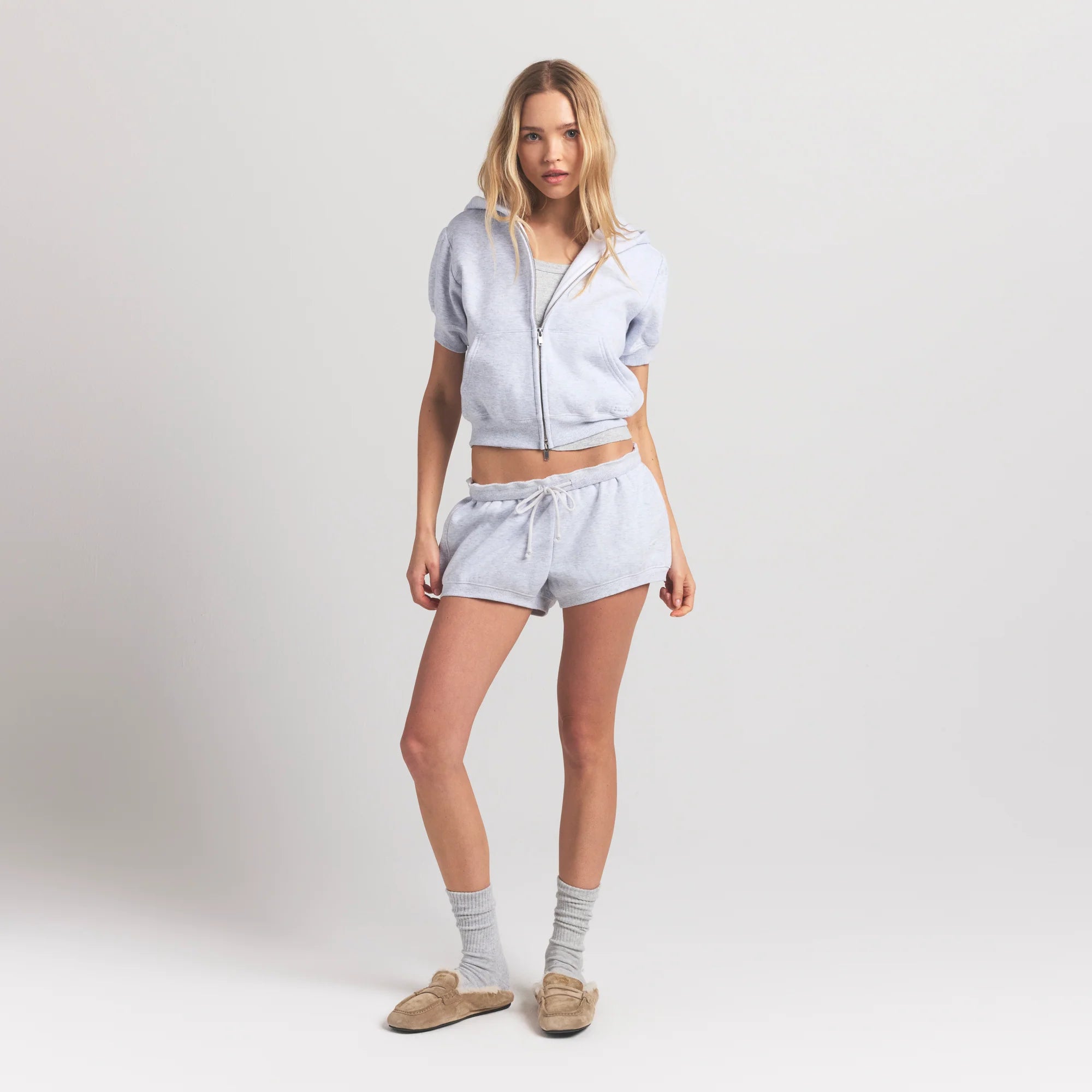 COTTON FLEECE BUBBLE SLEEVE CROPPED ZIP UP | LIGHT HEATHER GREY