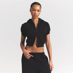 COTTON FLEECE BUBBLE SLEEVE CROPPED ZIP UP | ONYX