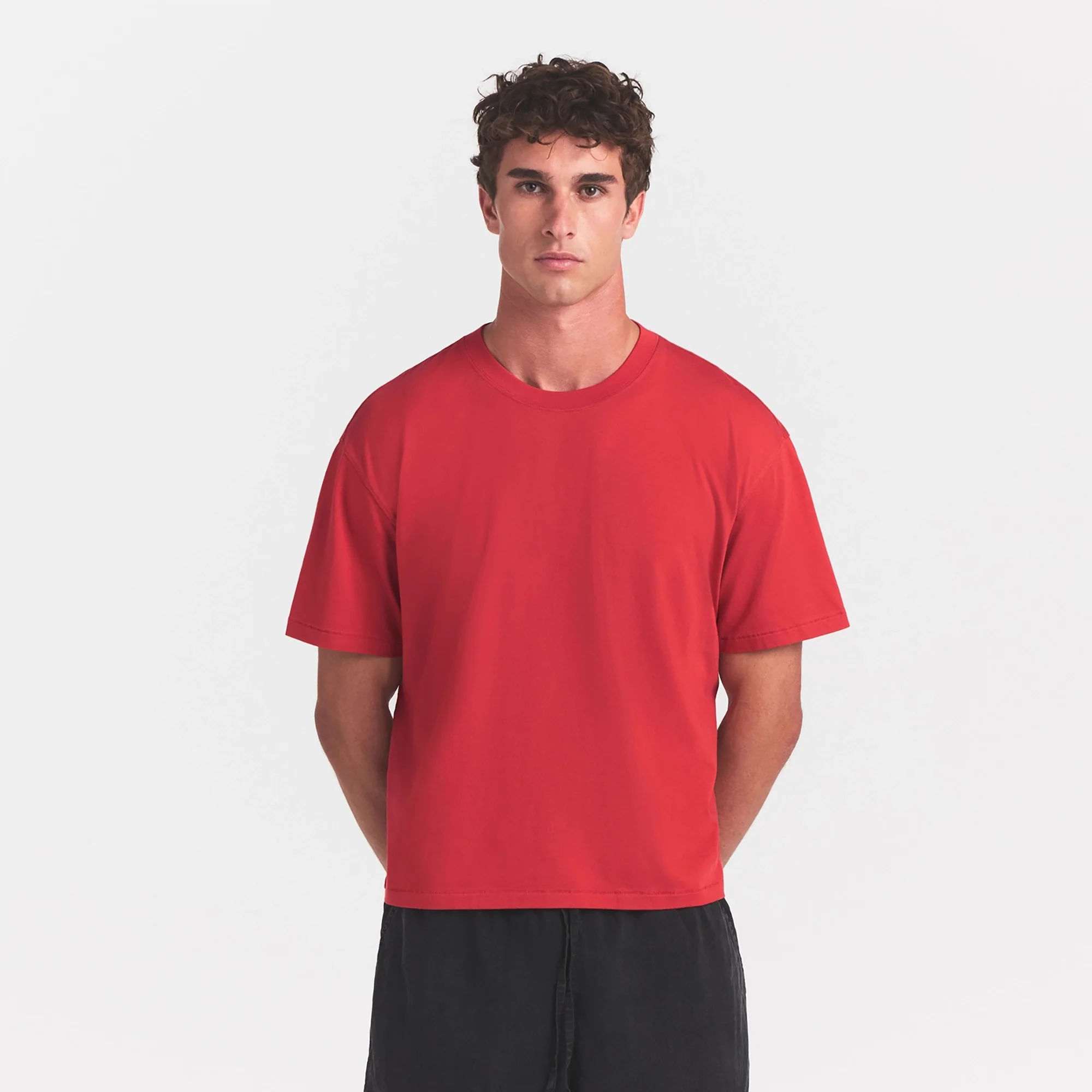 HEAVYWEIGHT COTTON MENS RELAXED CROPPED CREWNECK | WASHED RED