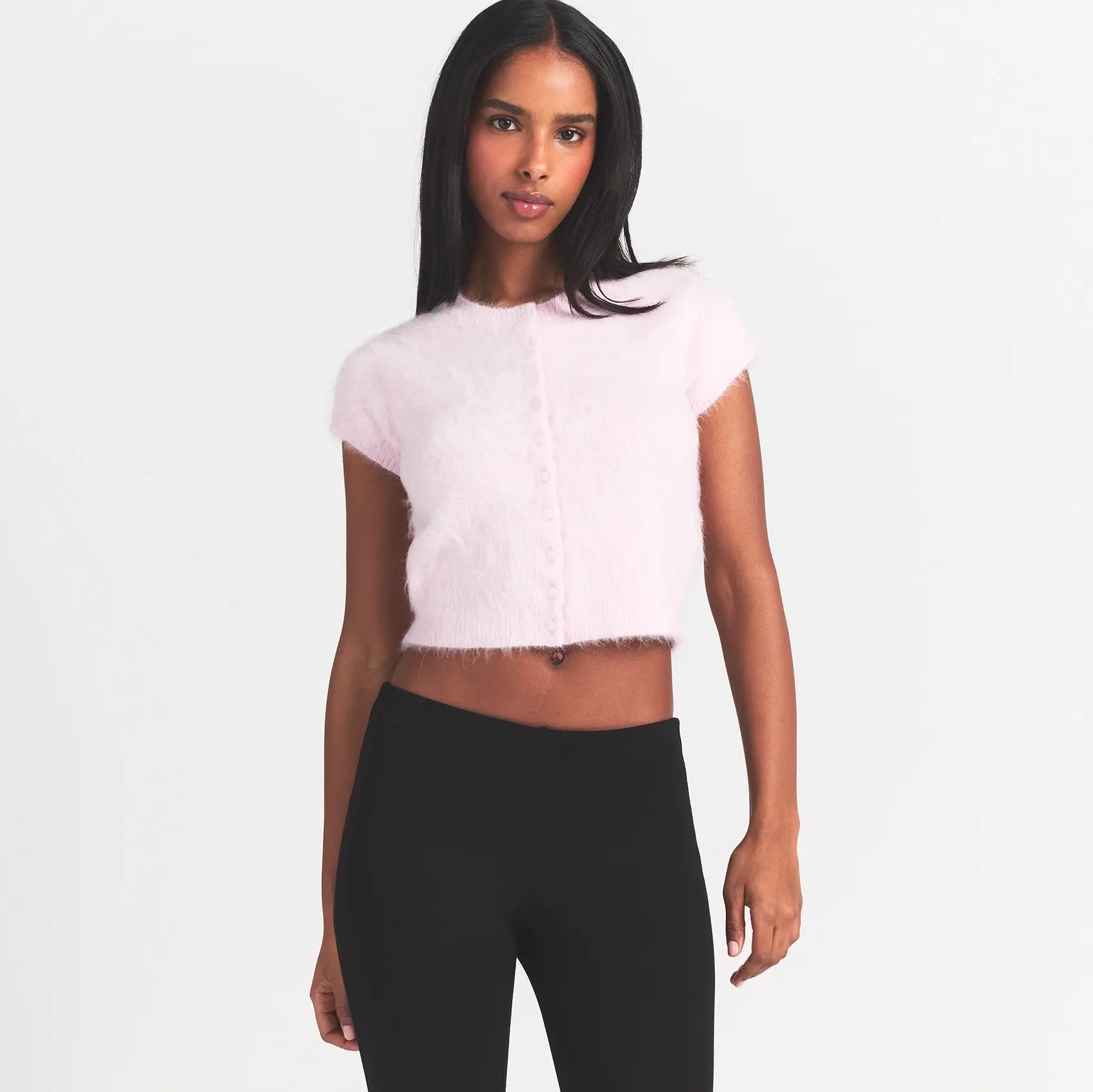 BRUSHED ALPACA SHORT SLEEVE CARDIGAN | CHERRY BLOSSOM